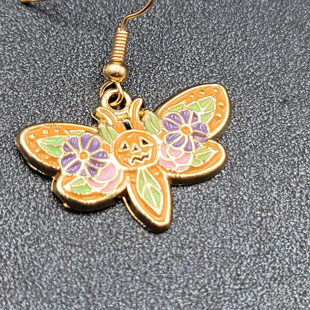 Halloween Moth Pierced Earrings Jack o Lantern Flowers Gold tone Dangle 3/4"
