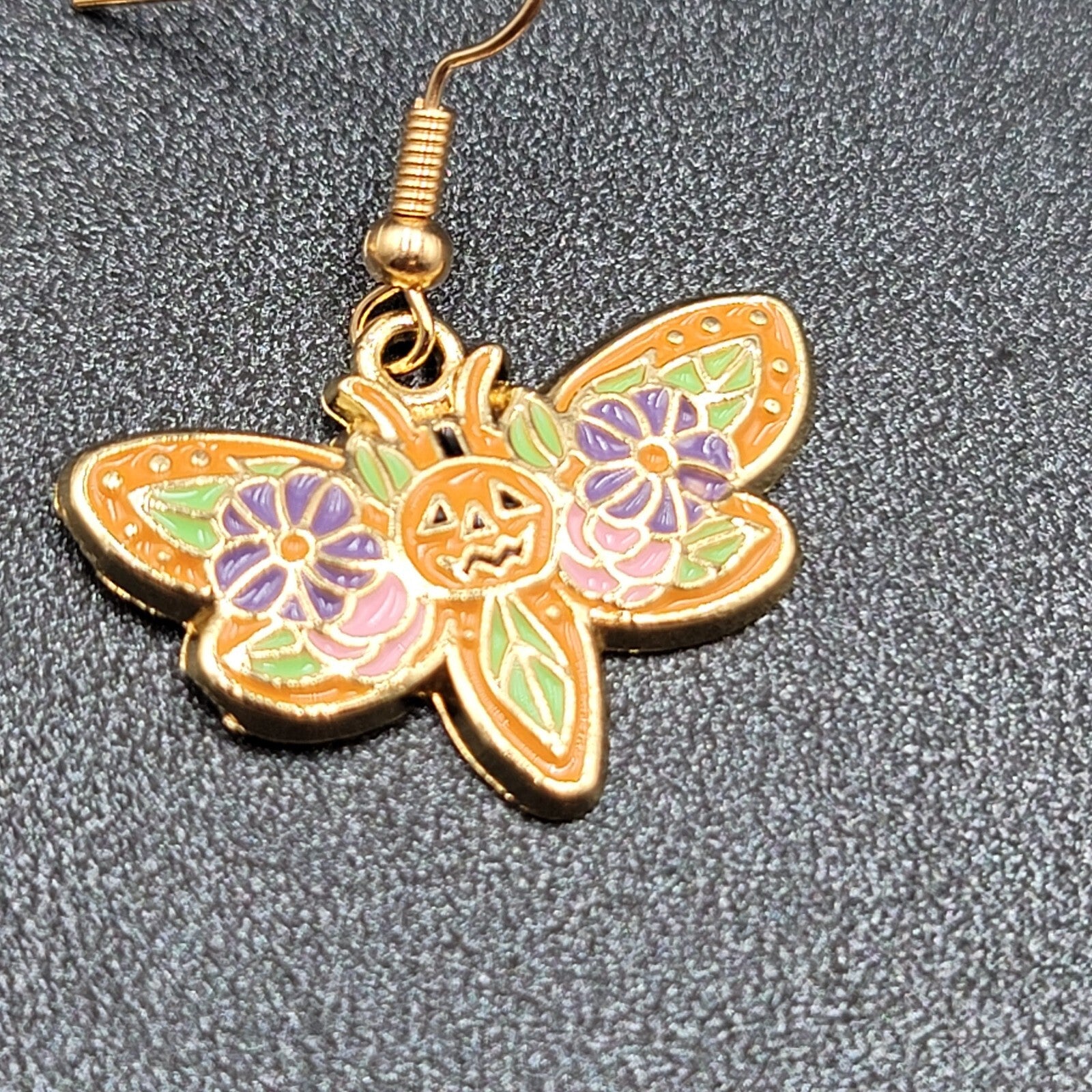 Halloween Moth Pierced Earrings Jack o Lantern Flowers Gold tone Dangle 3/4"