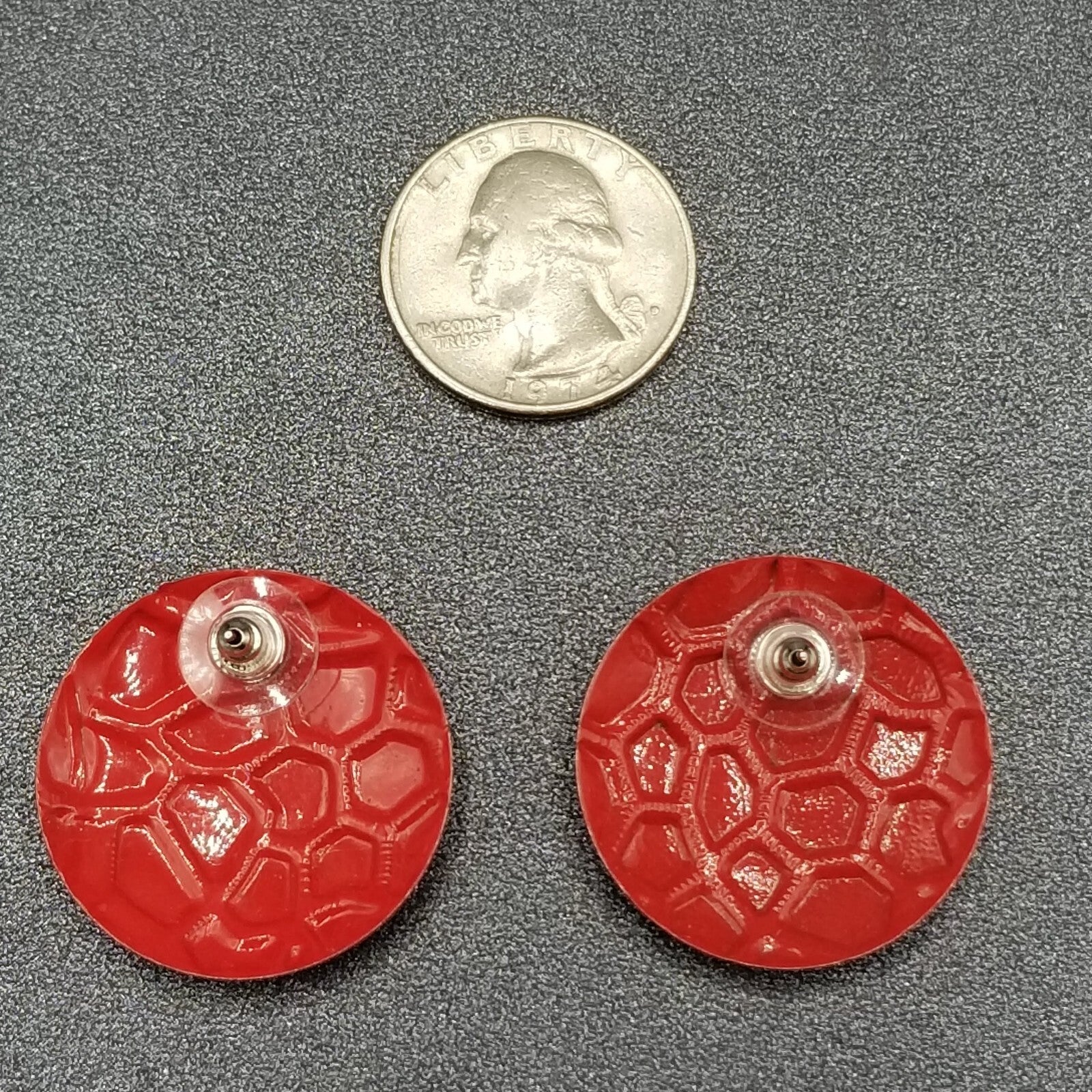 Vintage 1980's Pierced Earrings Red Enamel Textured Dome Drop 1 1/4"