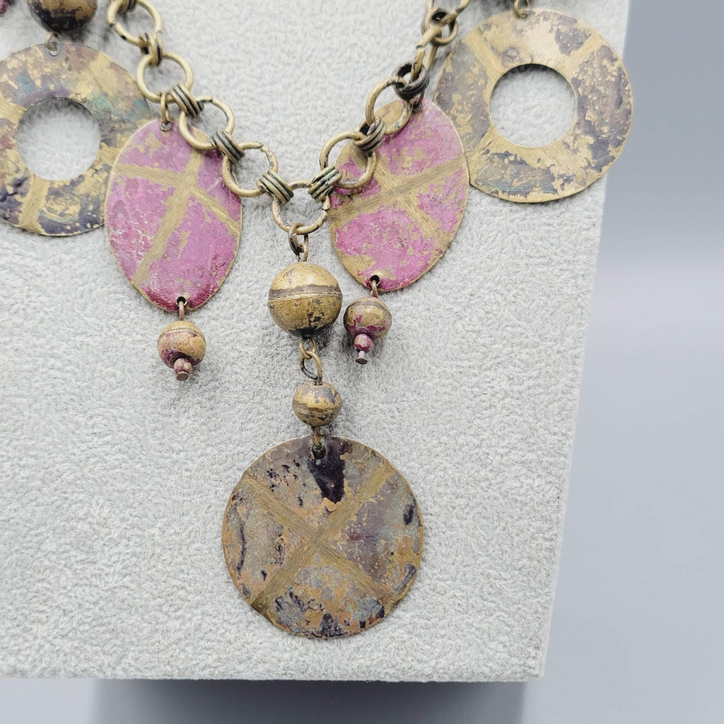 Vintage Artisan Ethnic Necklace Brass Pink Painted Metal Chain Artistic 24"