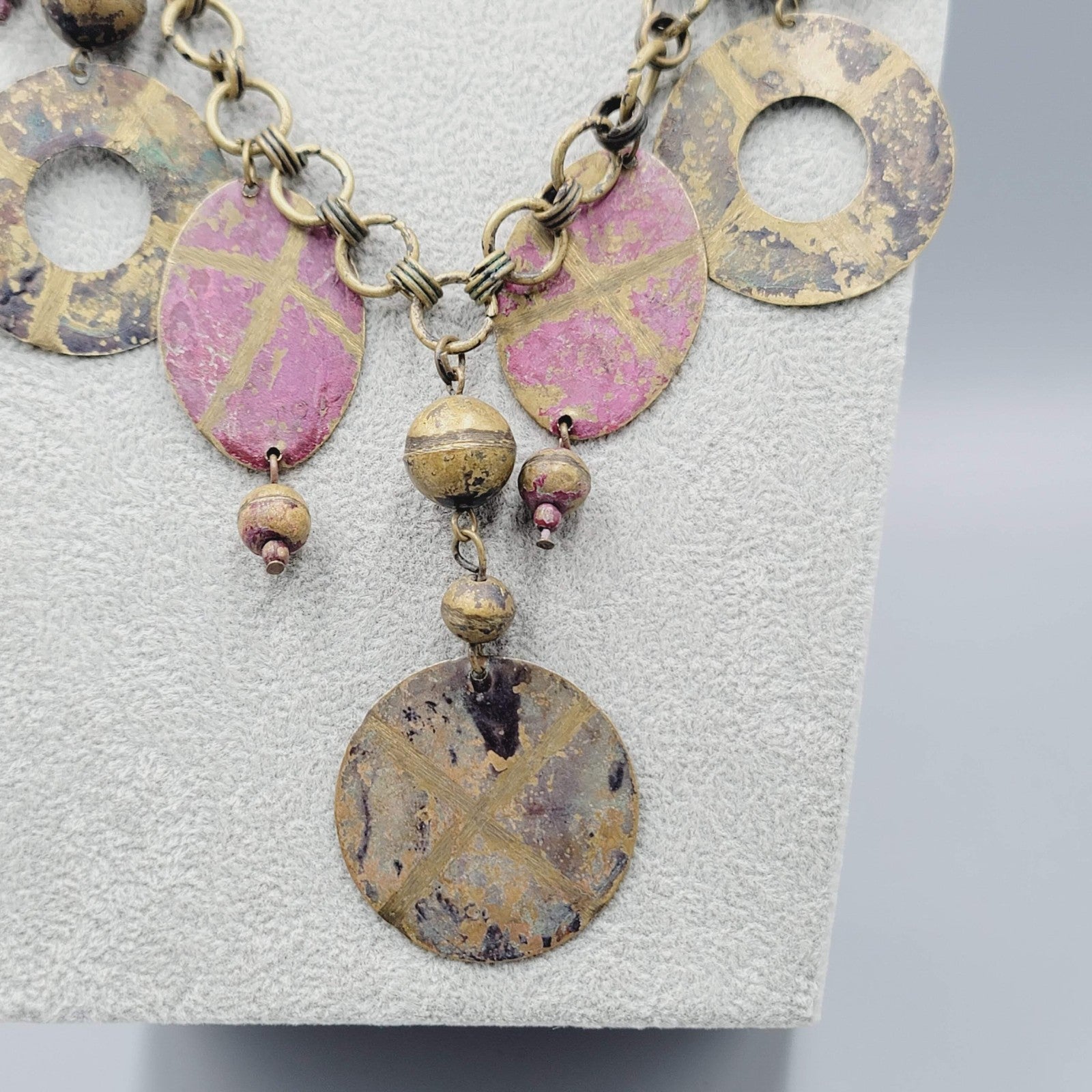 Vintage Artisan Ethnic Necklace Brass Pink Painted Metal Chain Artistic 24"