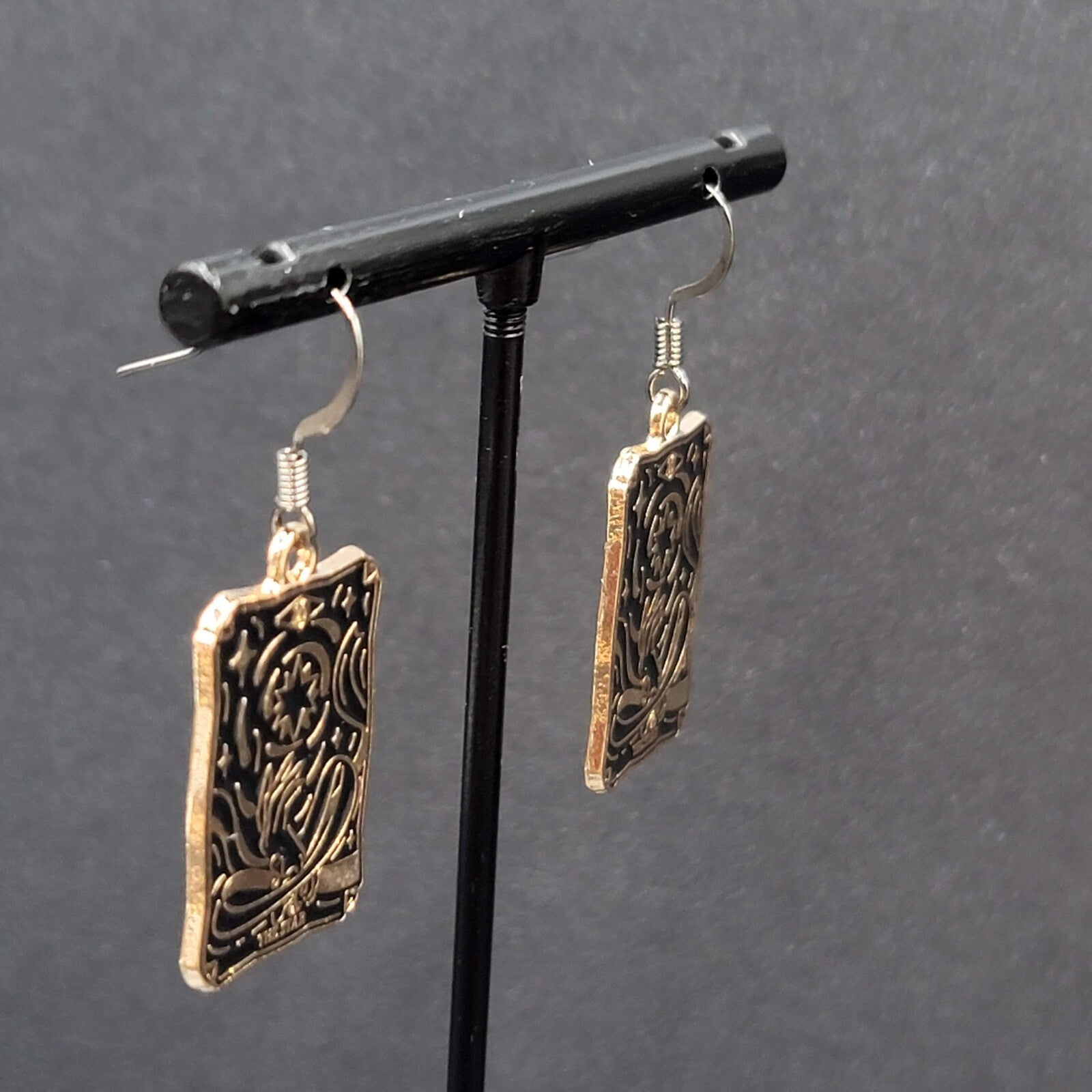 Tarot Card Pierced Earrings The STAR Gold tone Black 1"