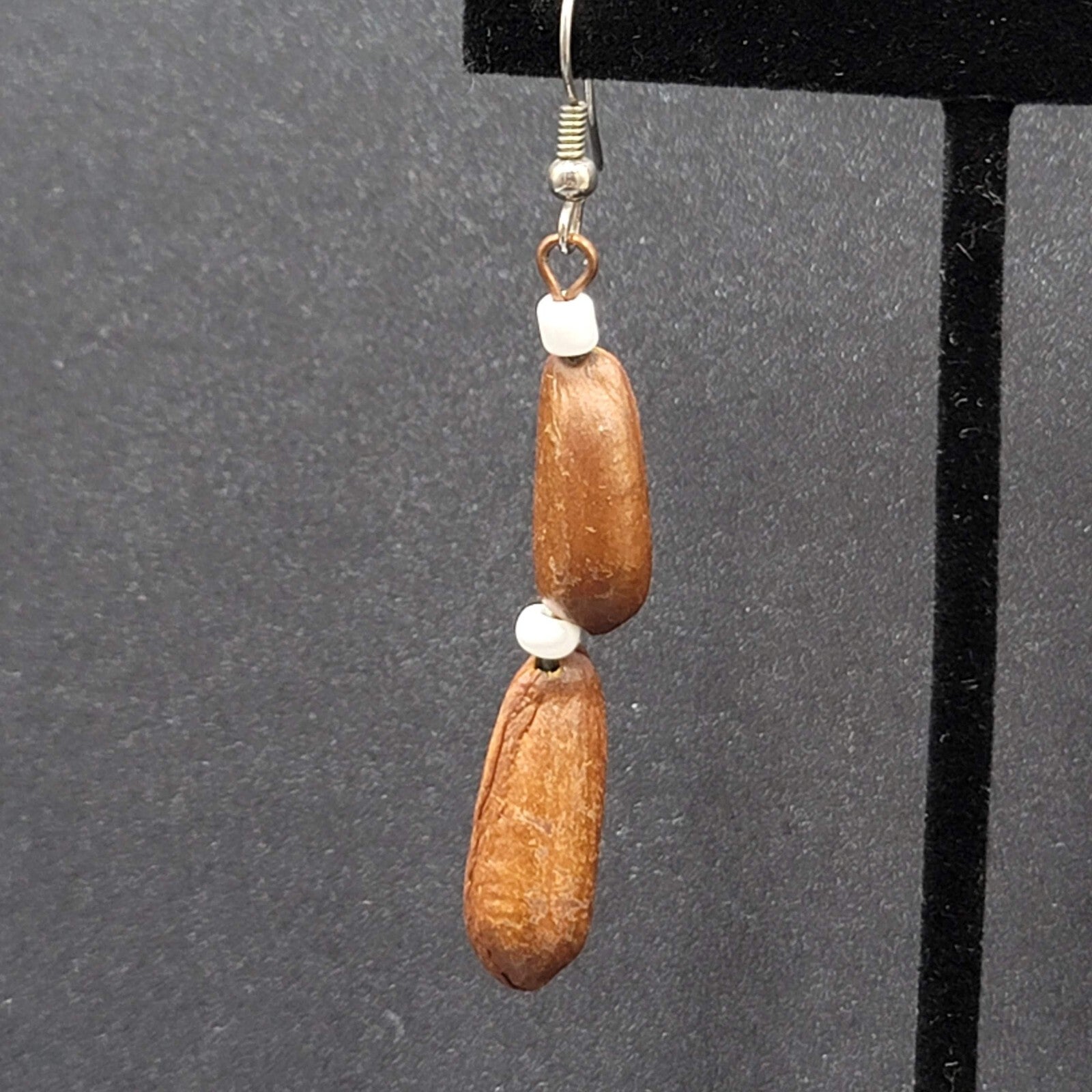 Vintage Pierced Earrings Silver tone Large Brown Seed Beads Long Dangle 2"