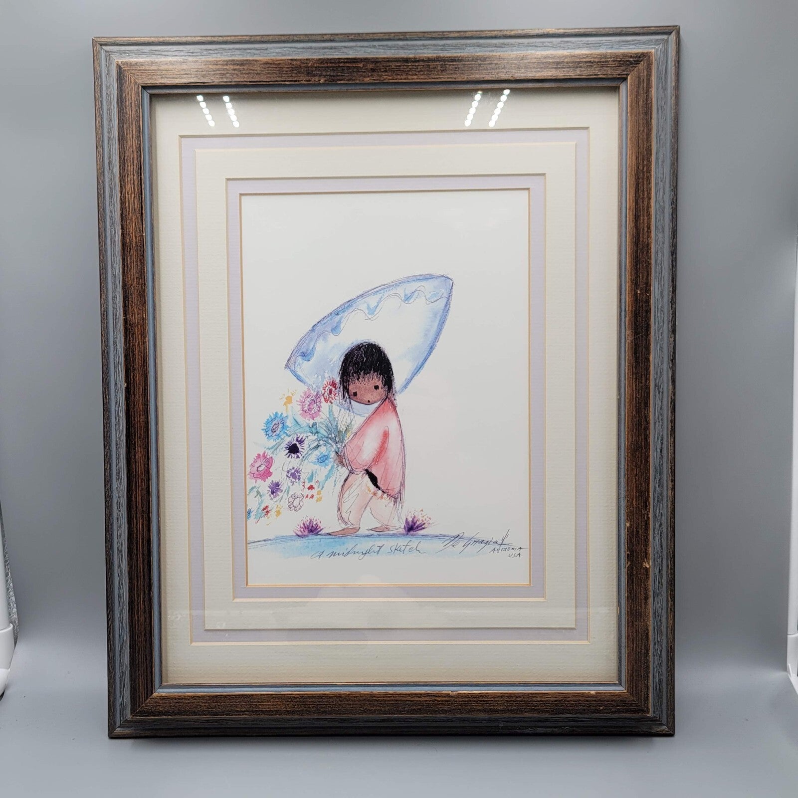 Ted De Grazia Professionally Matted Framed Print Flower Boy A Midnight Sketch