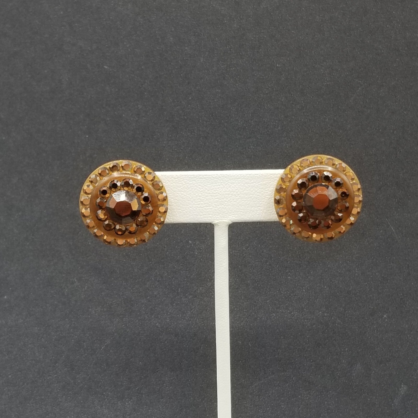 Pierced Earrings Brown Faceted Crystal Button Style Statement Stud 1"