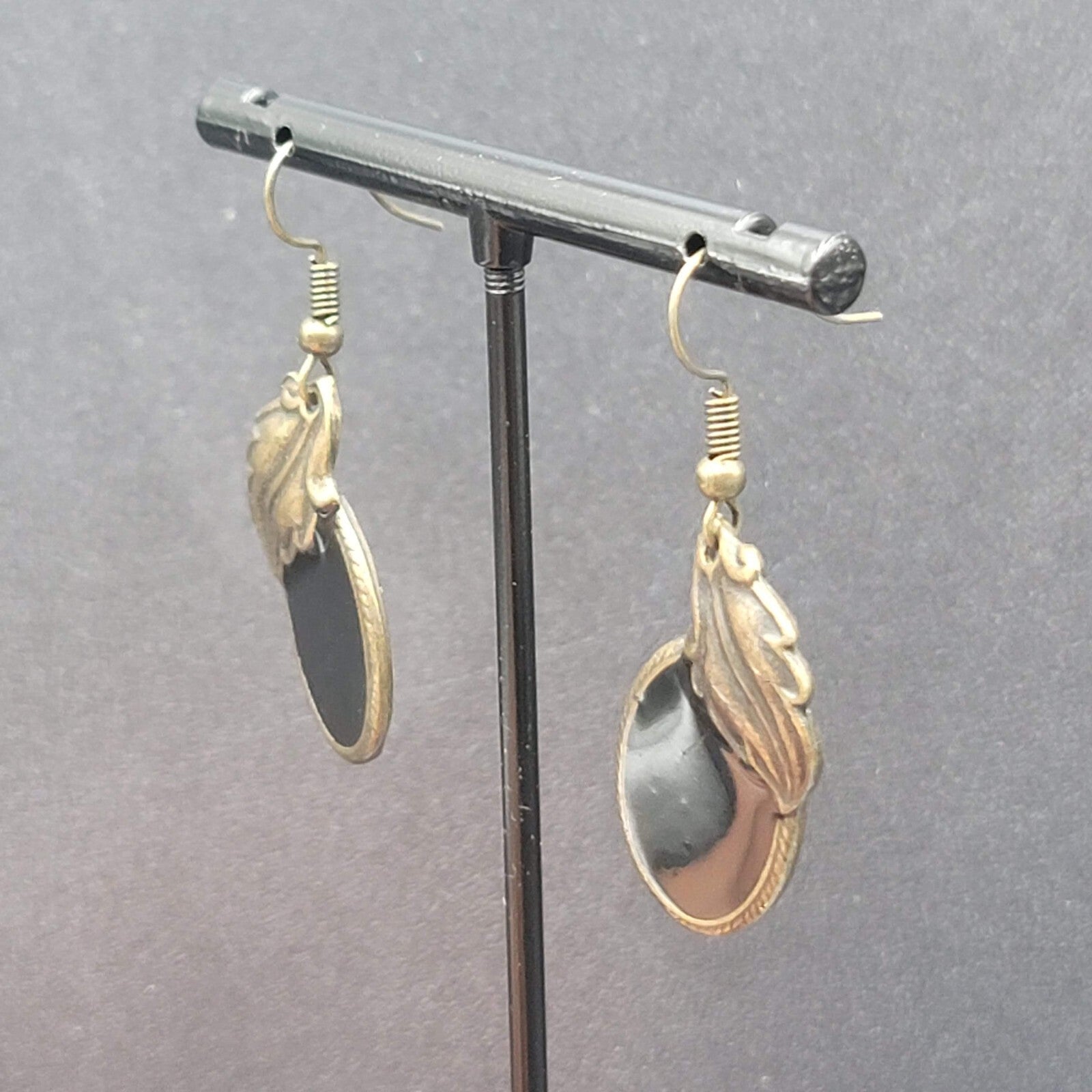 Pierced Earrings Bronze tone Black Enamel Leaf Design 1 1/8"