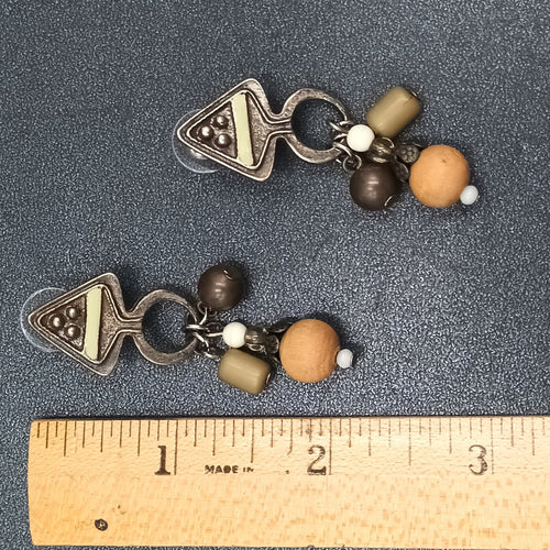 Boho Pierced Earrings Silver tone Wood Bead Dangle 2.25"