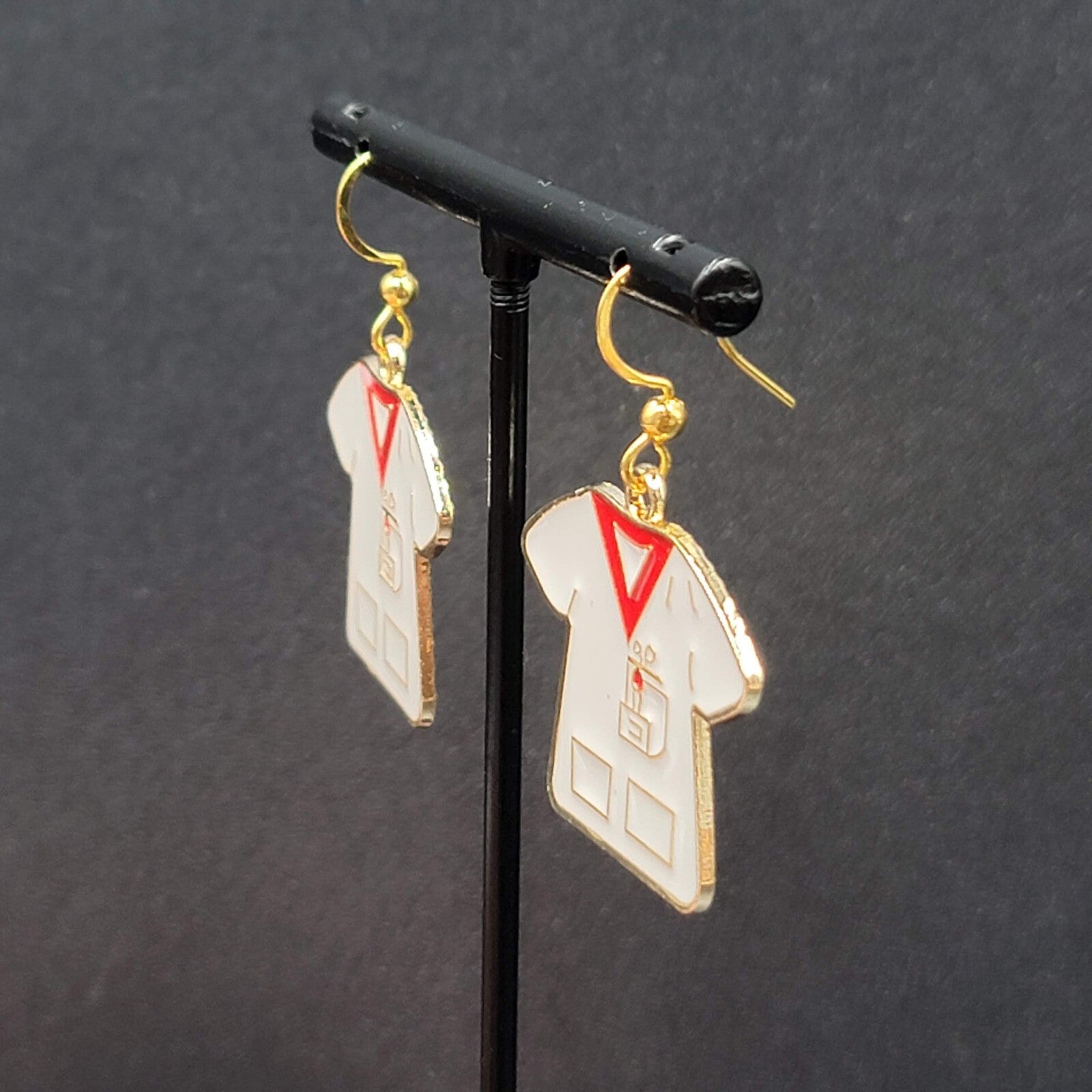 Nurse Scrub Top Pierced Earrings Red White Enamel Gold tone Dangle 1"