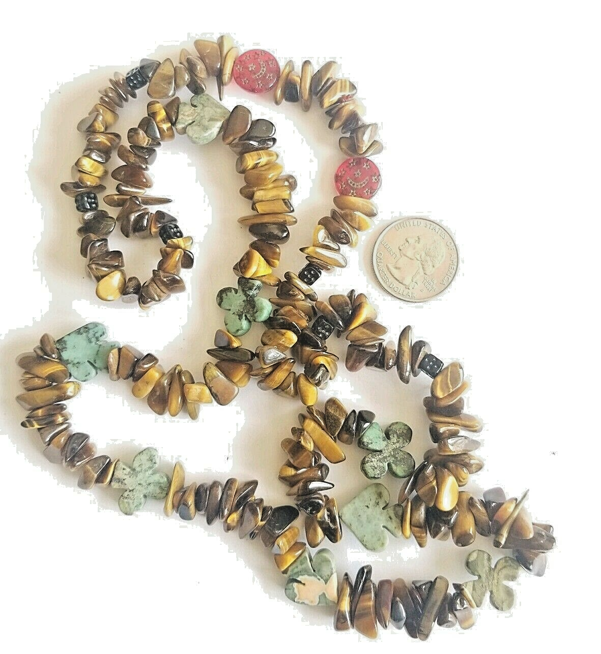 Vtg Tigers Eye Turquoise Stone Bead Necklace Spade Clover Shaped Stones Poker