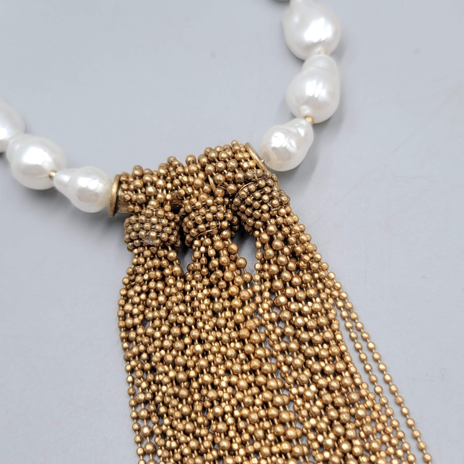 Chicos White Bead Necklace Gold tone Bead Chain Tassel Pendant LONG 36"