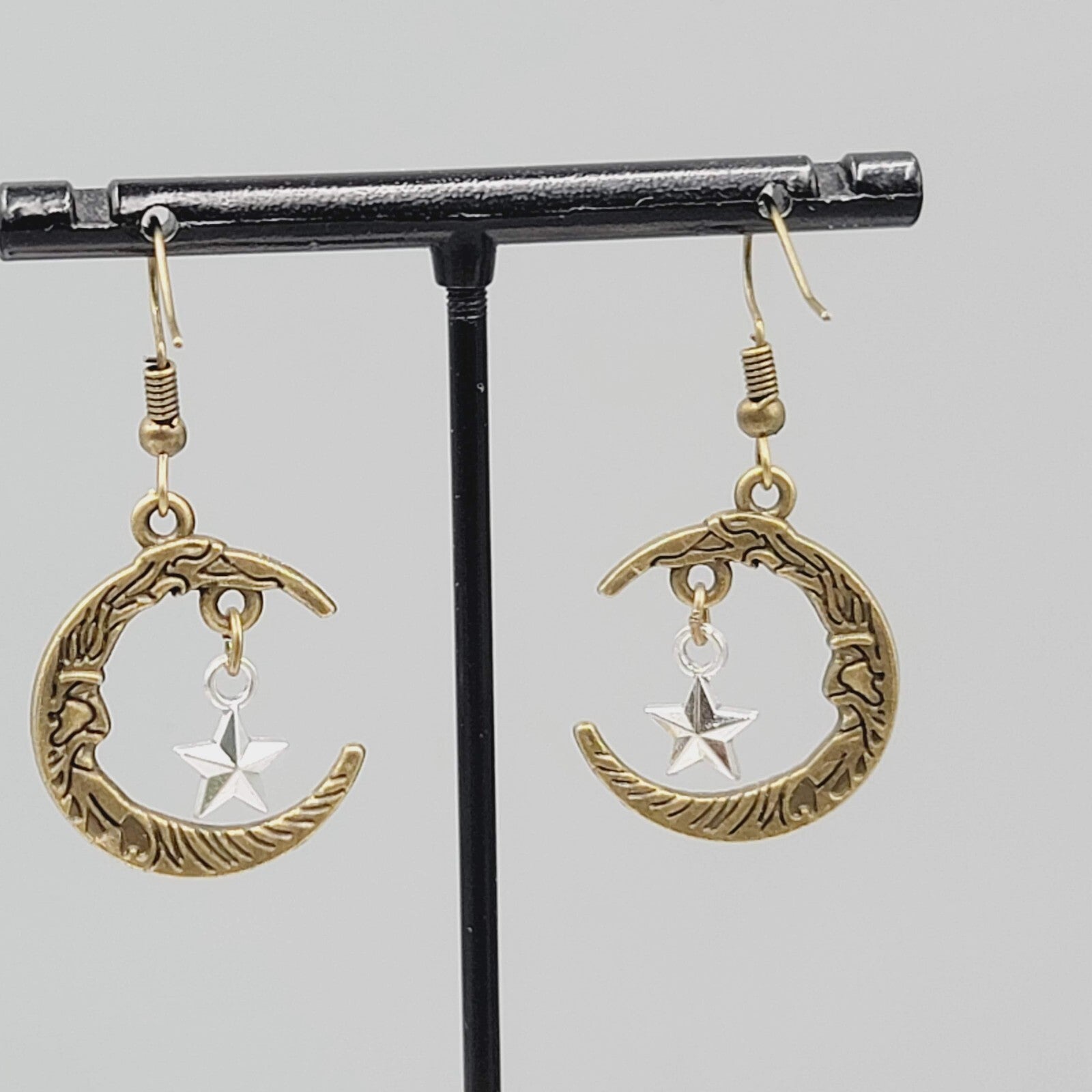 New Man in the Crescent Moon Pierced Earrings Bronze tone Silver Star Dangle 1"