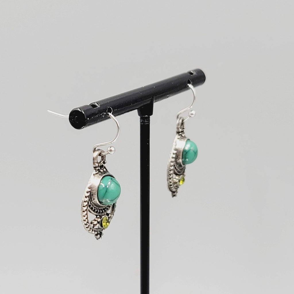 Boho Antiqued Silver tone Pierced Earrings Green Accent Yellow Rhinestone 7/8"