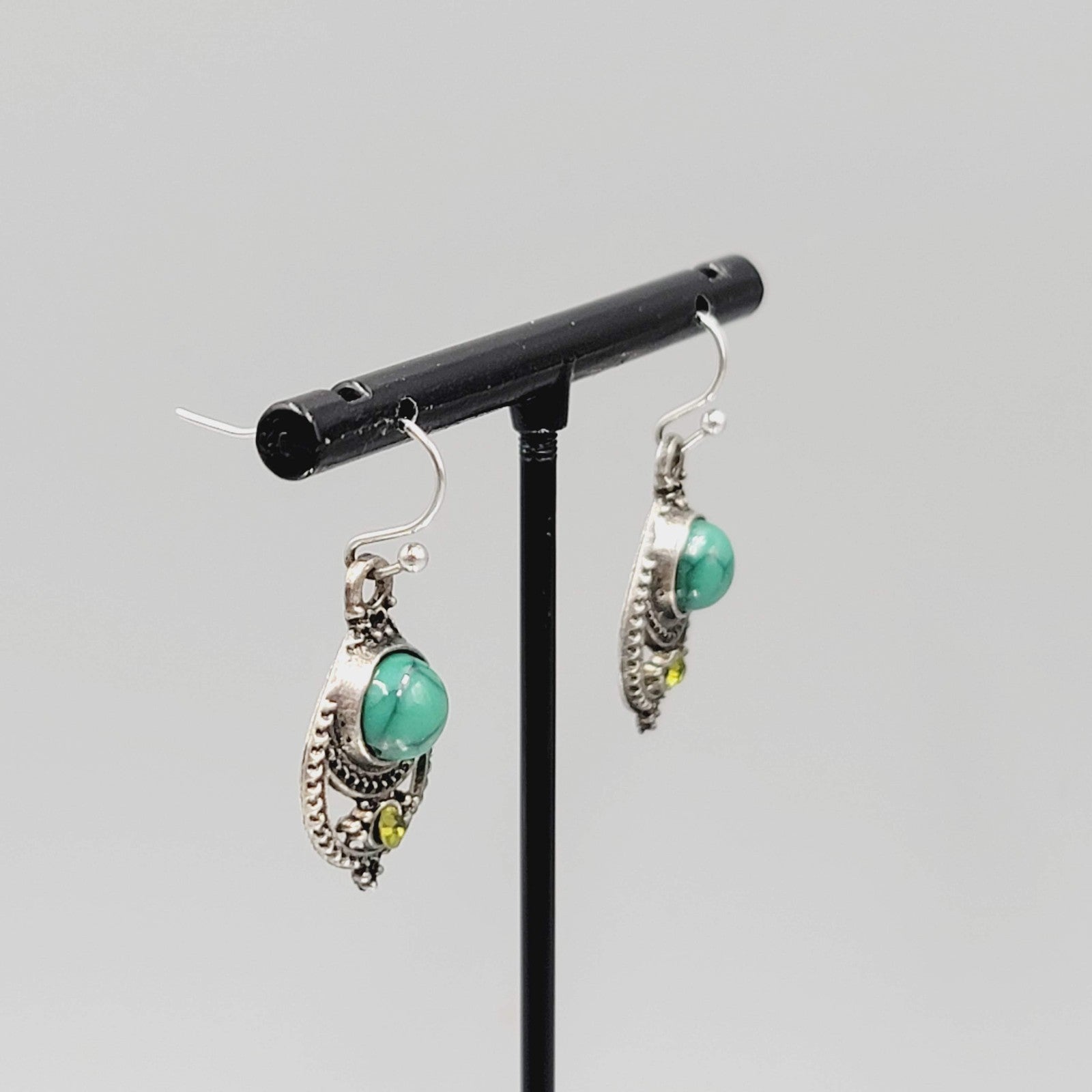 Boho Antiqued Silver tone Pierced Earrings Green Accent Yellow Rhinestone 7/8"