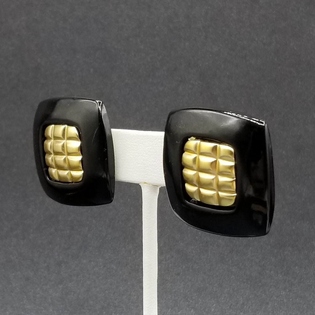 Vintage 1980's Pierced Earrings Black and Gold Acrylic Rectangle Stud 1 1/4"