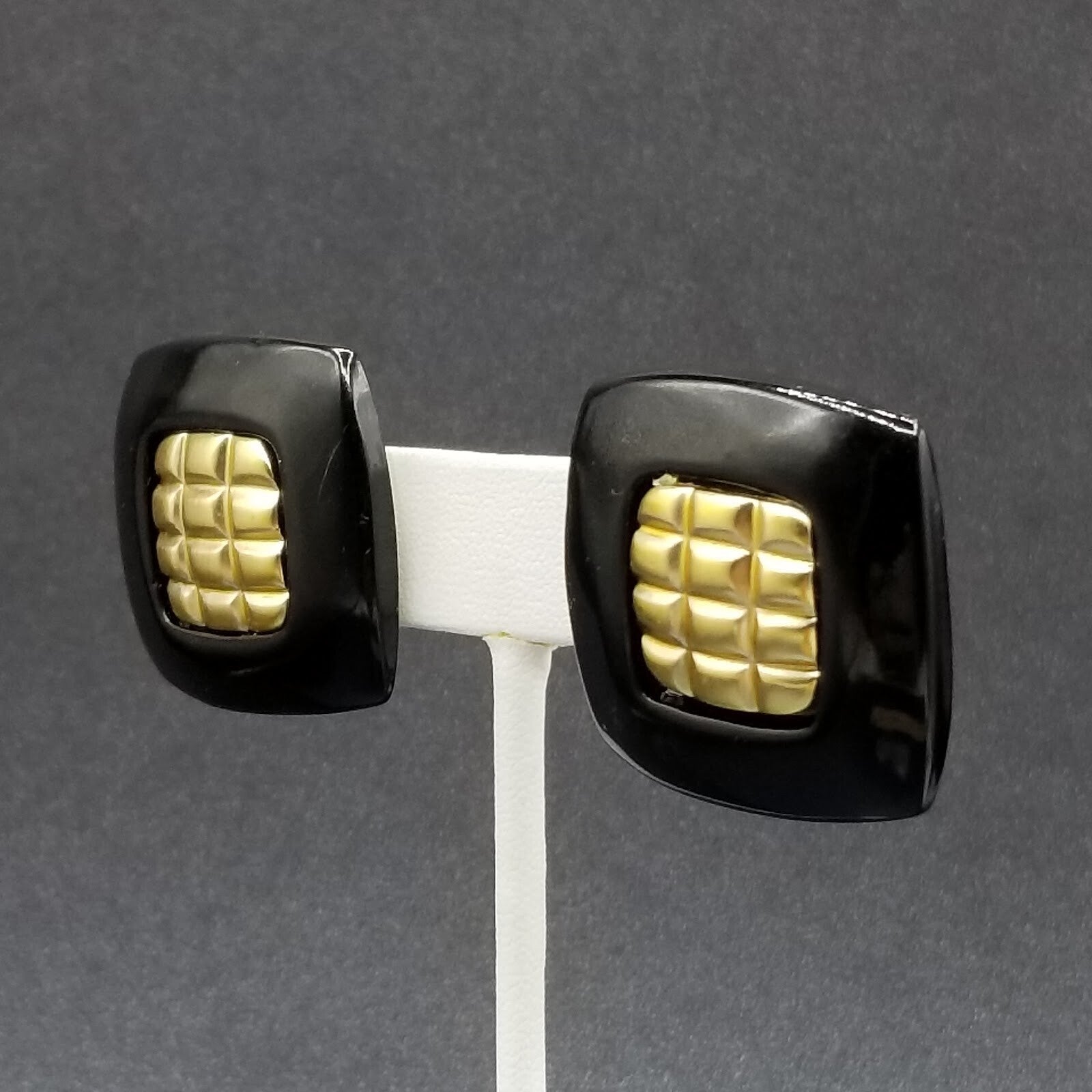 Vintage 1980's Pierced Earrings Black and Gold Acrylic Rectangle Stud 1 1/4"
