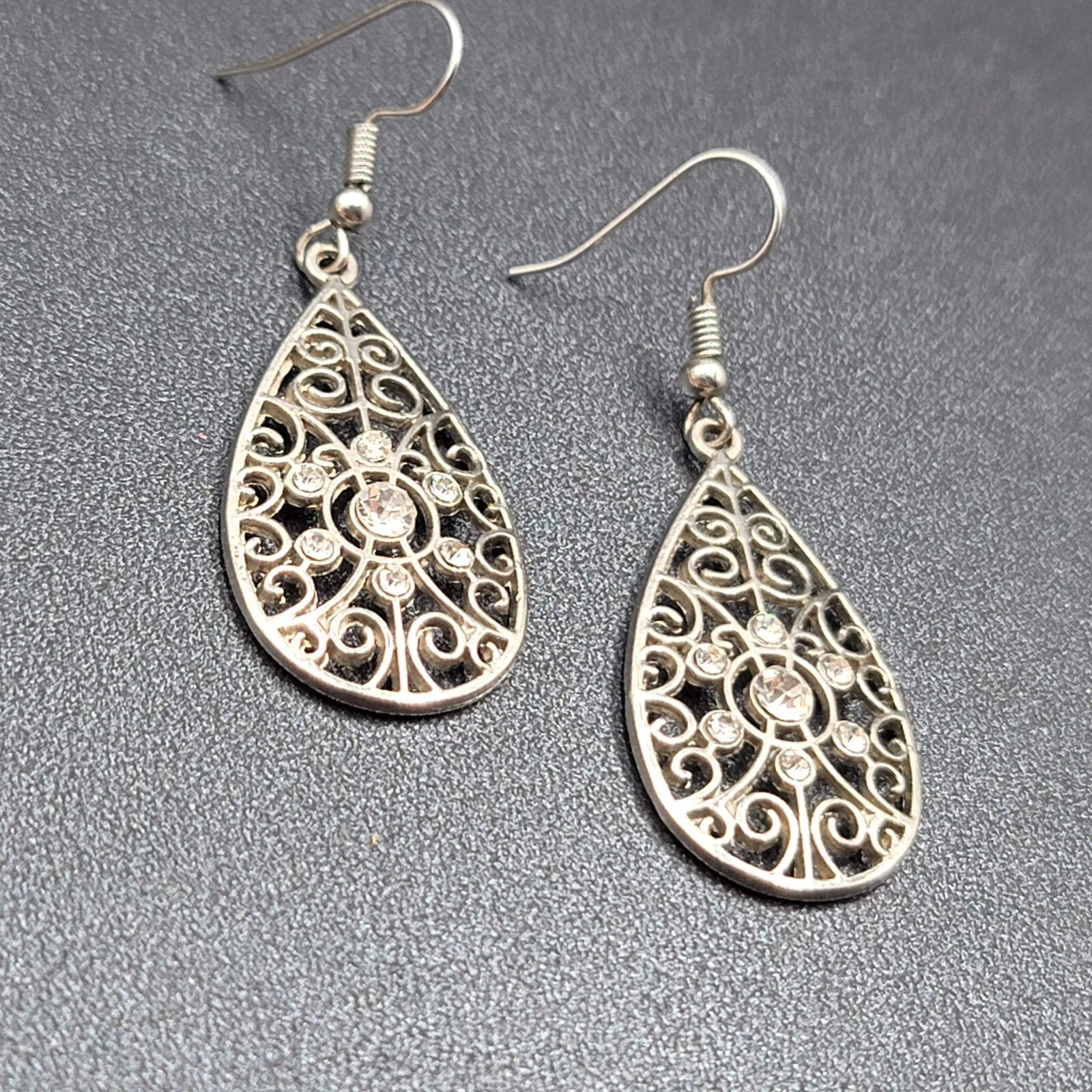 Pierced Earrings Silver tone Rhinestone Open Work Teardrop Dangle 1.25"