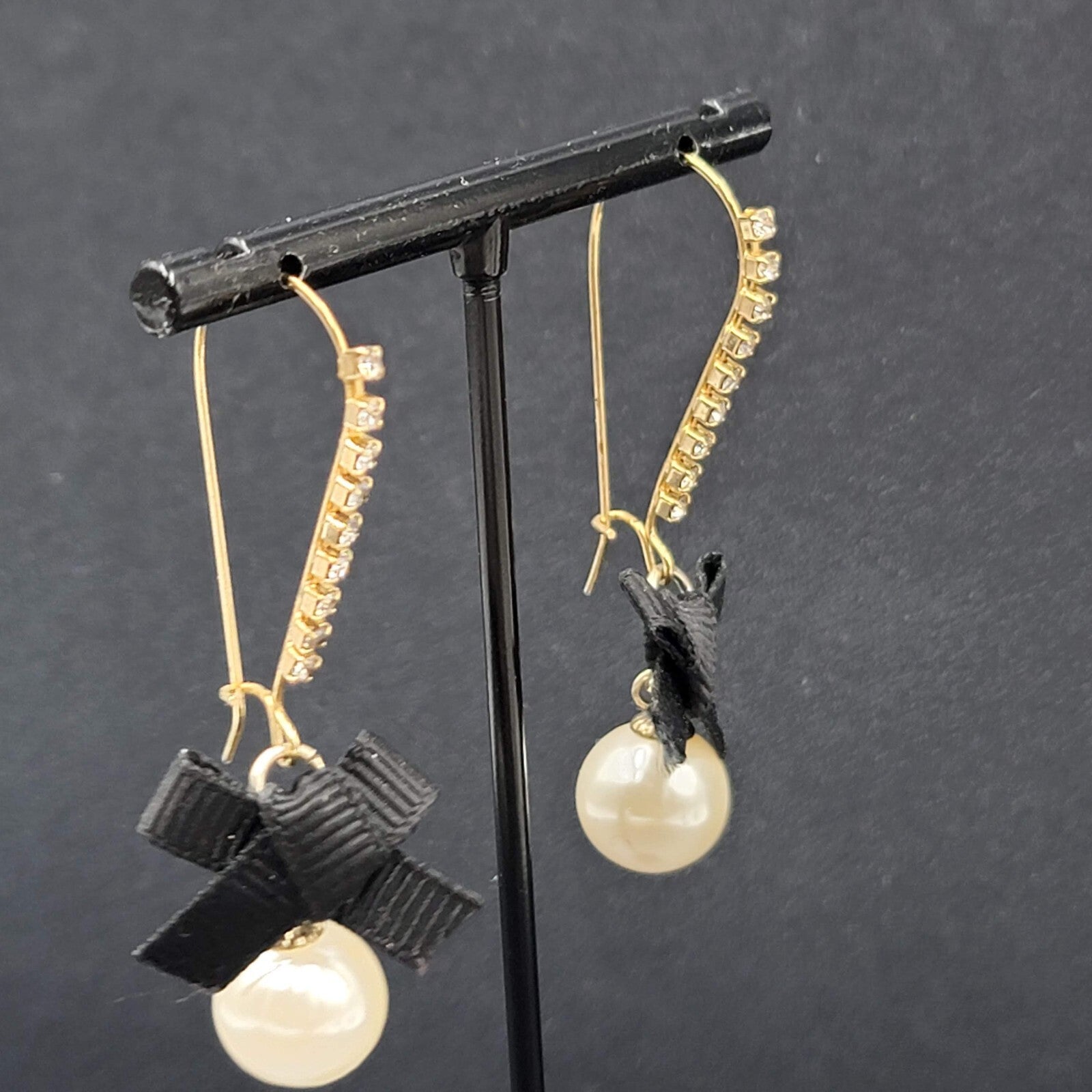 Pierced Earrings Gold tone Rhinestone Faux Pearl Black Grosgrain Ribbon Bow 2"