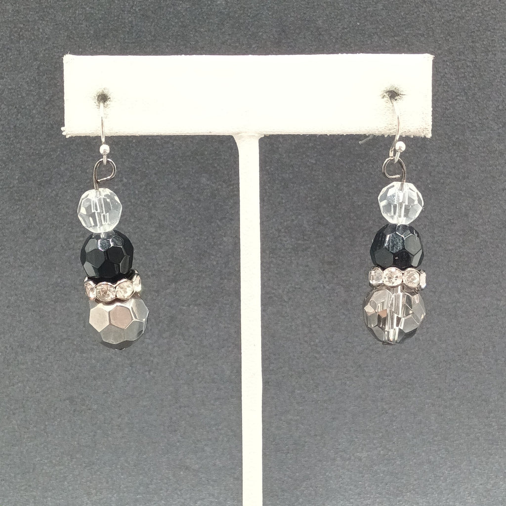 Pierced Earrings Faceted Glass Beaded Silver tone Rhinestone Dangle 1 1/4"
