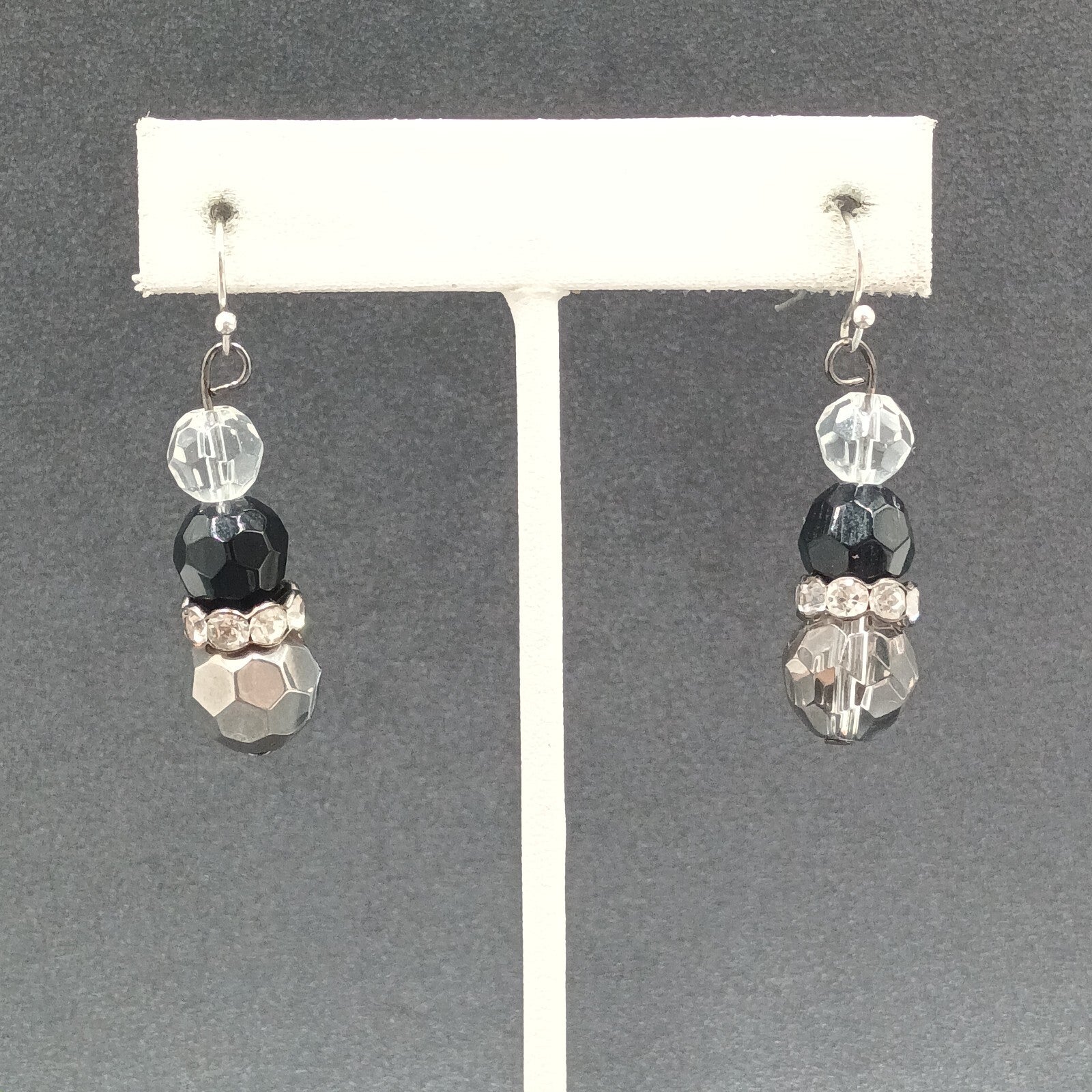 Pierced Earrings Faceted Glass Beaded Silver tone Rhinestone Dangle 1 1/4"