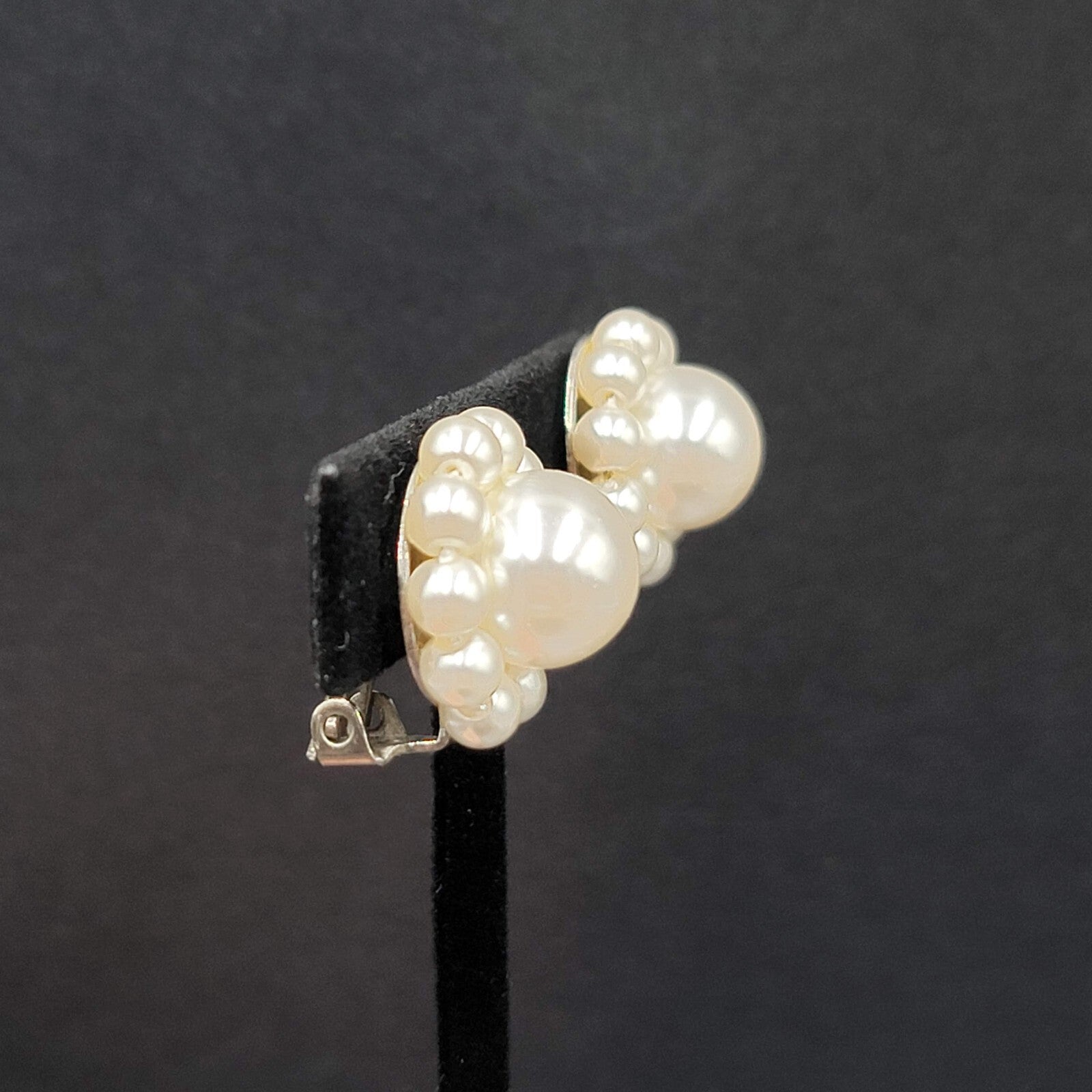 Vintage Clip on Earrings White Acrylic Cluster Bead Estate 7/8"