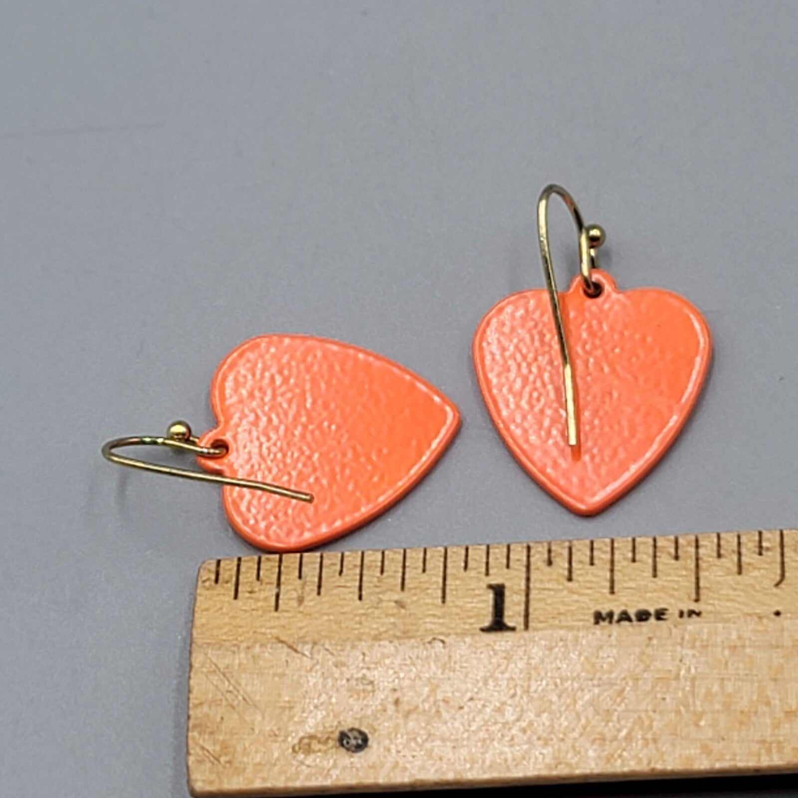 Orange Enamel Heart Pierced Earrings Dangle 3/4"