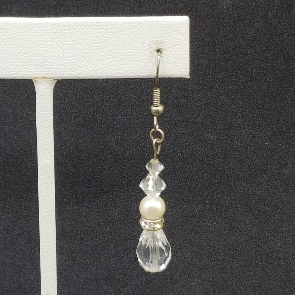 Pierced Earrings Silver tone Faux Pearl Faceted Crystal Bead Dangle 1 1/4"