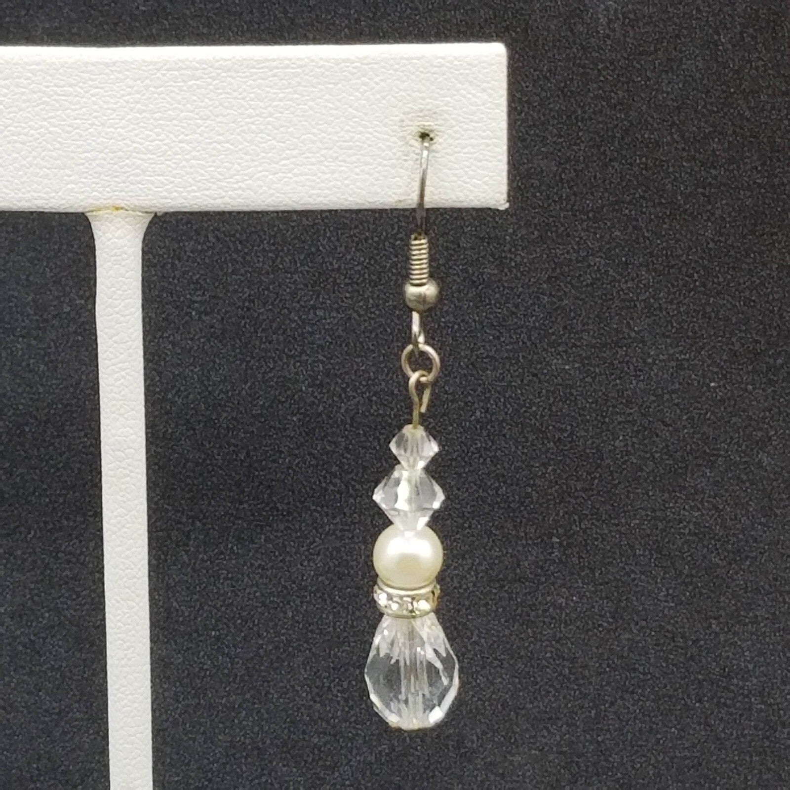 Pierced Earrings Silver tone Faux Pearl Faceted Crystal Bead Dangle 1 1/4"