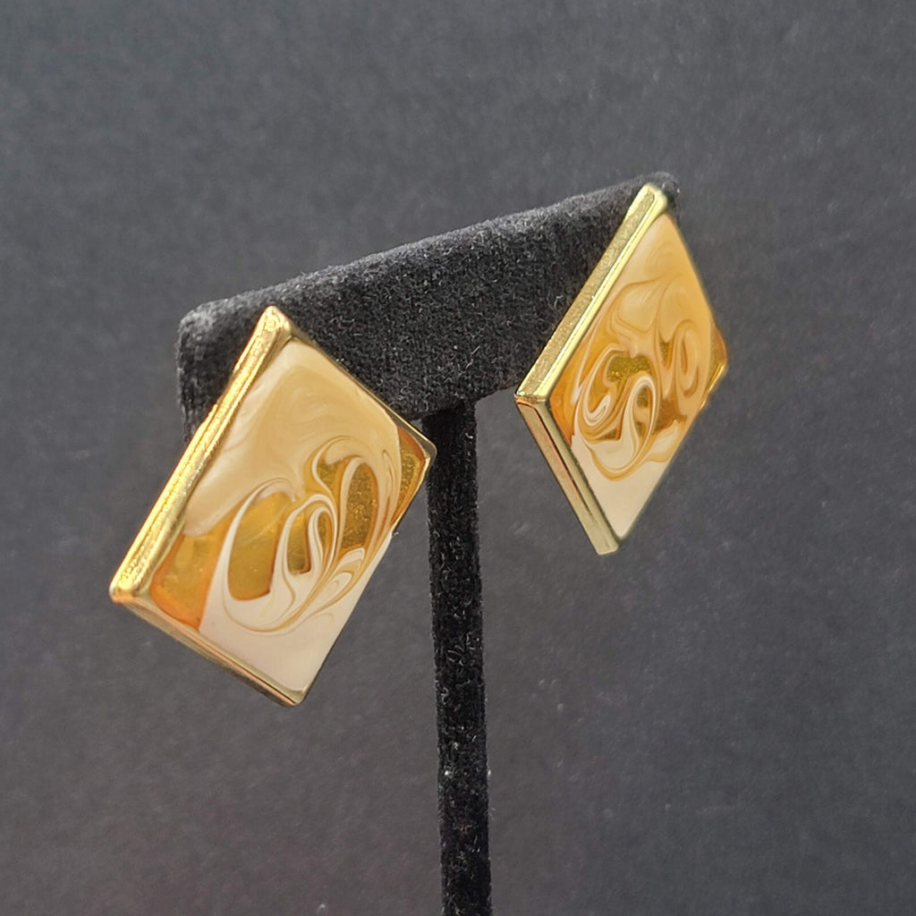 Vintage Pierced Earrings Gold tone Swirl White Gold Enamel Square Drop 1 3/8"