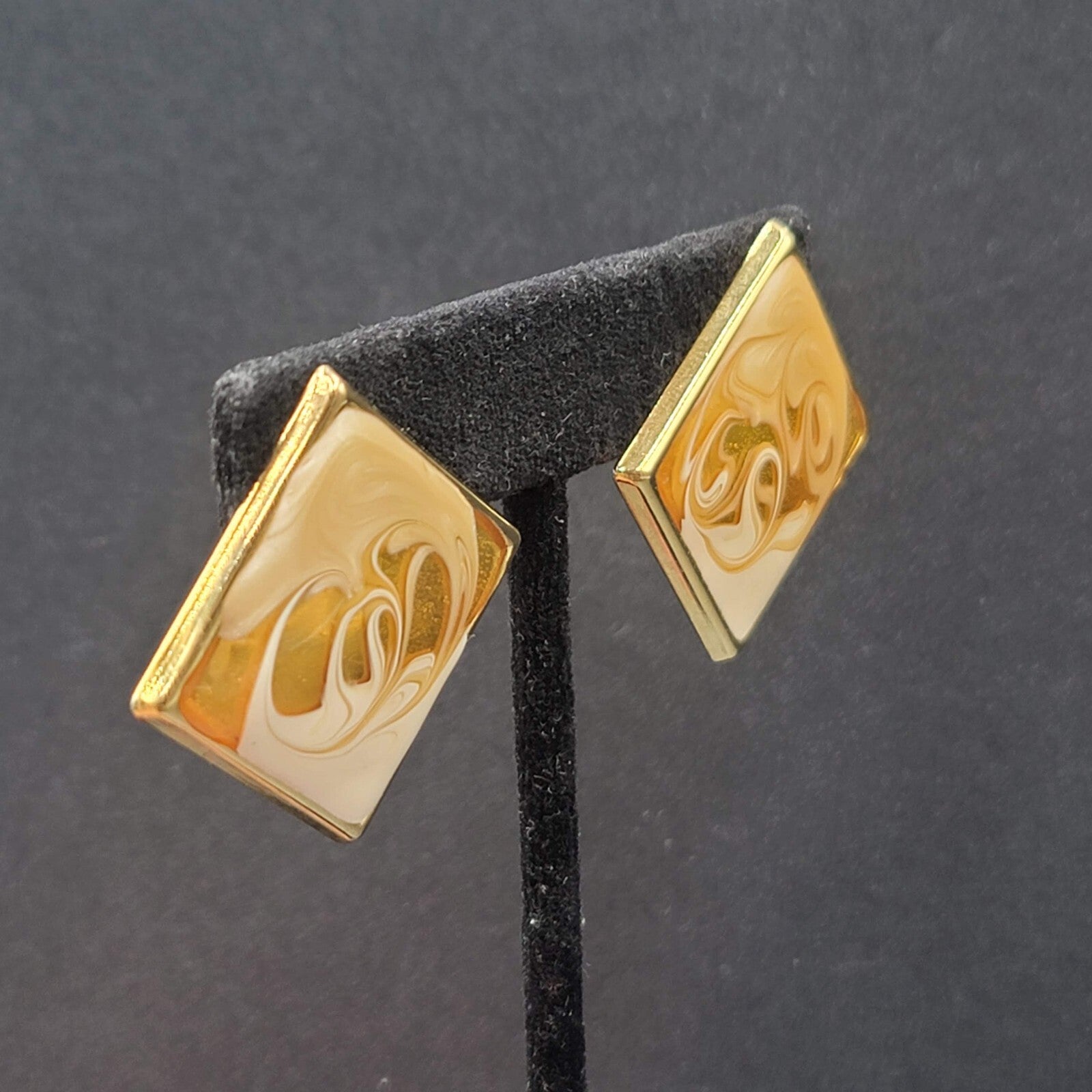 Vintage Pierced Earrings Gold tone Swirl White Gold Enamel Square Drop 1 3/8"