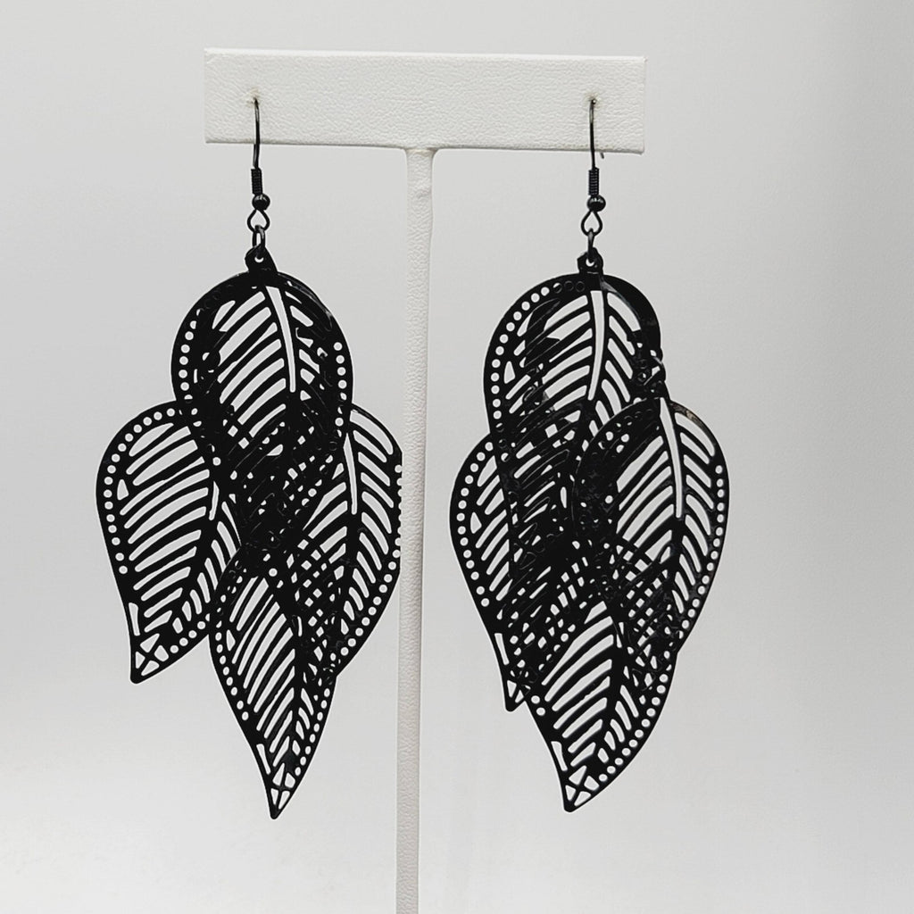Large Statement Pierced Earrings Black Enamel Leaf Chandelier Dangle 3.5"