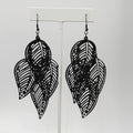 Large Statement Pierced Earrings Black Enamel Leaf Chandelier Dangle 3.5"