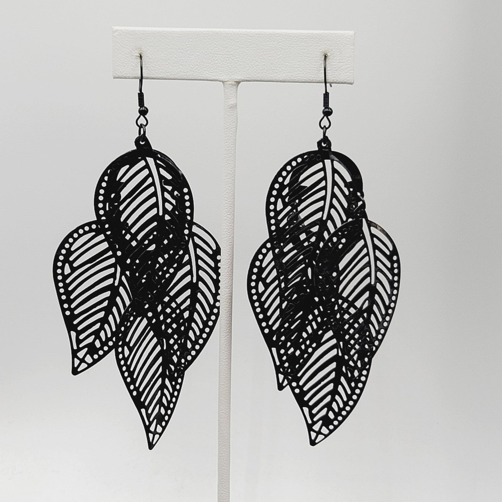 Large Statement Pierced Earrings Black Enamel Leaf Chandelier Dangle 3.5"