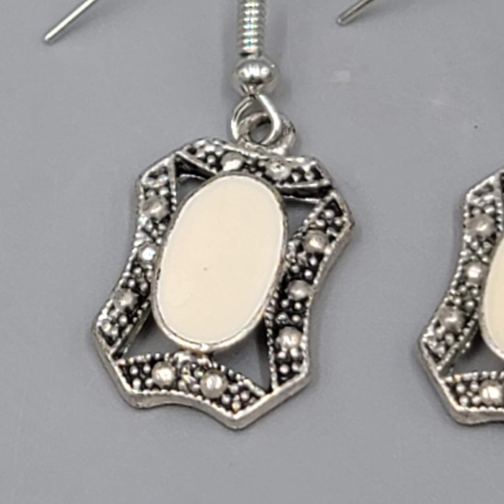 Pierced Cream Enamel Earrings Silver tone Dangle  3/4"