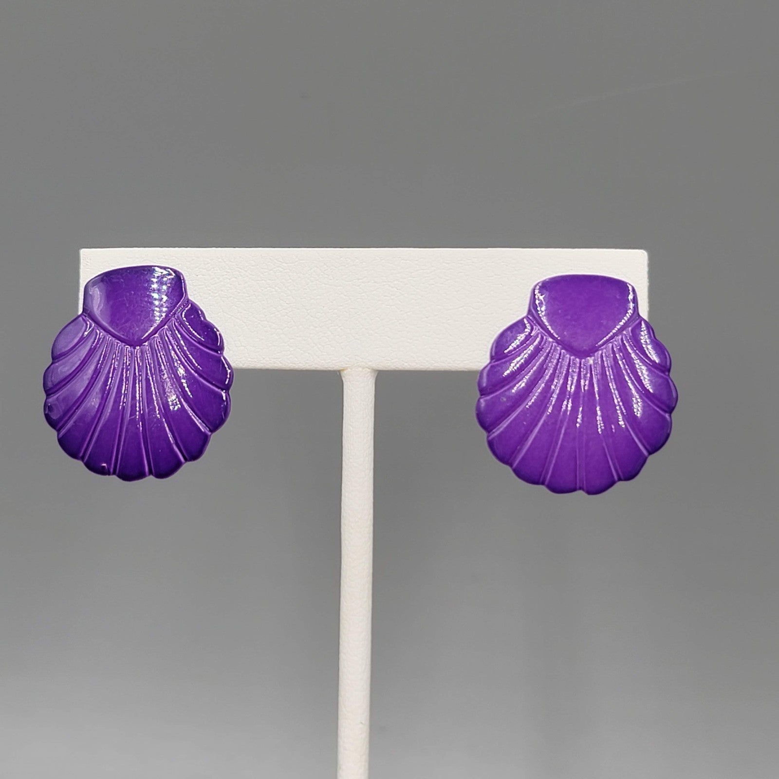 Vintage Purple Enamel Shell Drop  Pierced Earrings 1 in