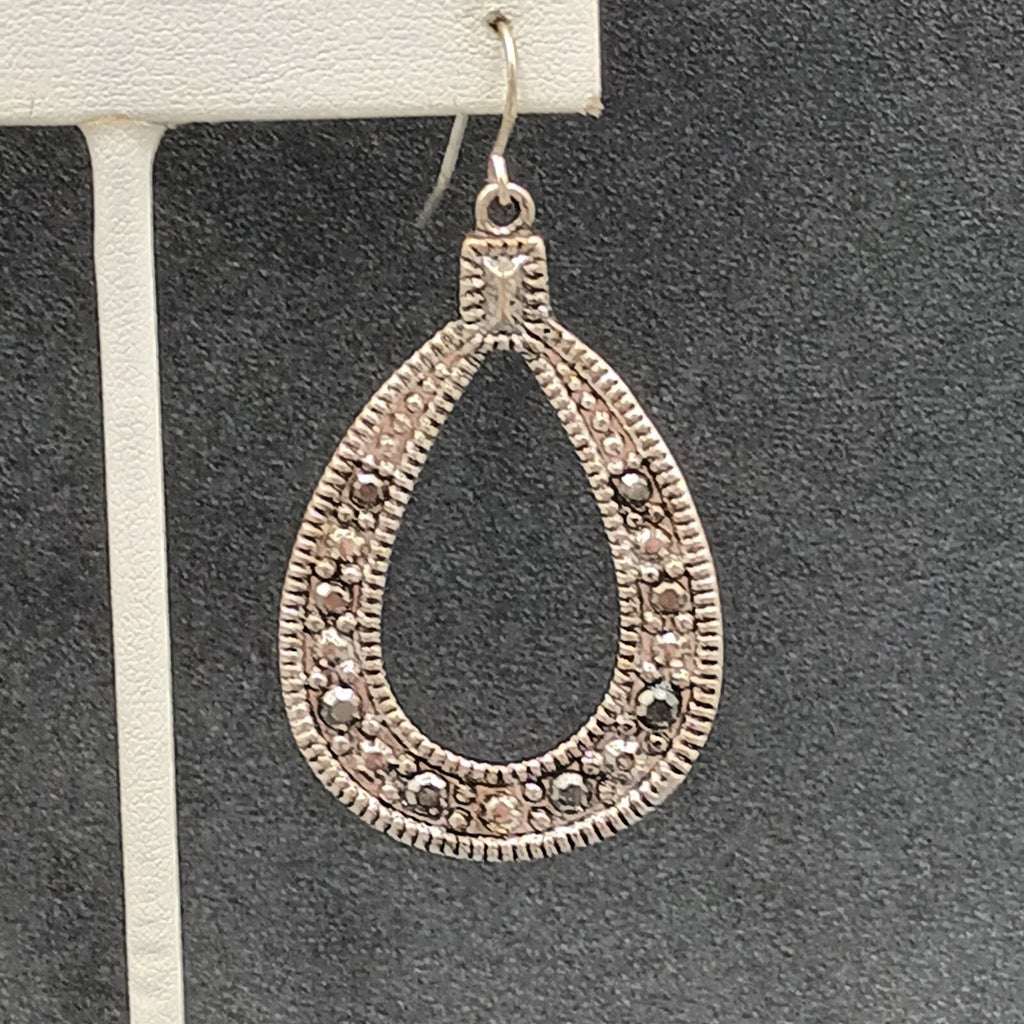 Pierced Earrings Textured Silver tone Open Teardrop Statement Dangle 1 7/8"