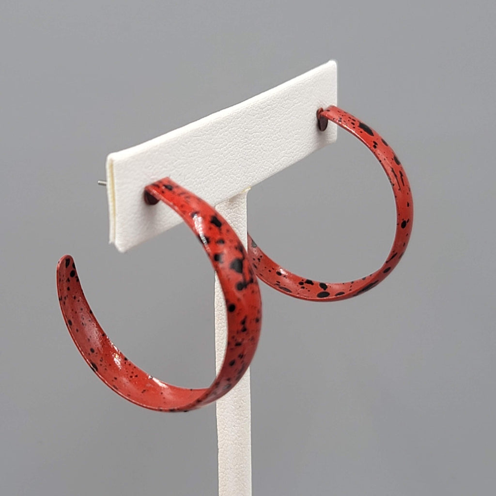 Vintage Red Black Splatter Enamel Hoops Pierced Earrings 1.25"