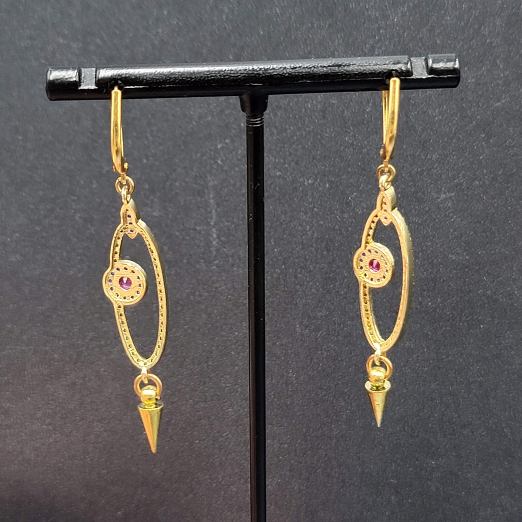 Pierced Earrings Gold tone Blue Pink Crystals Evil Eye Dangle 1 5/8"