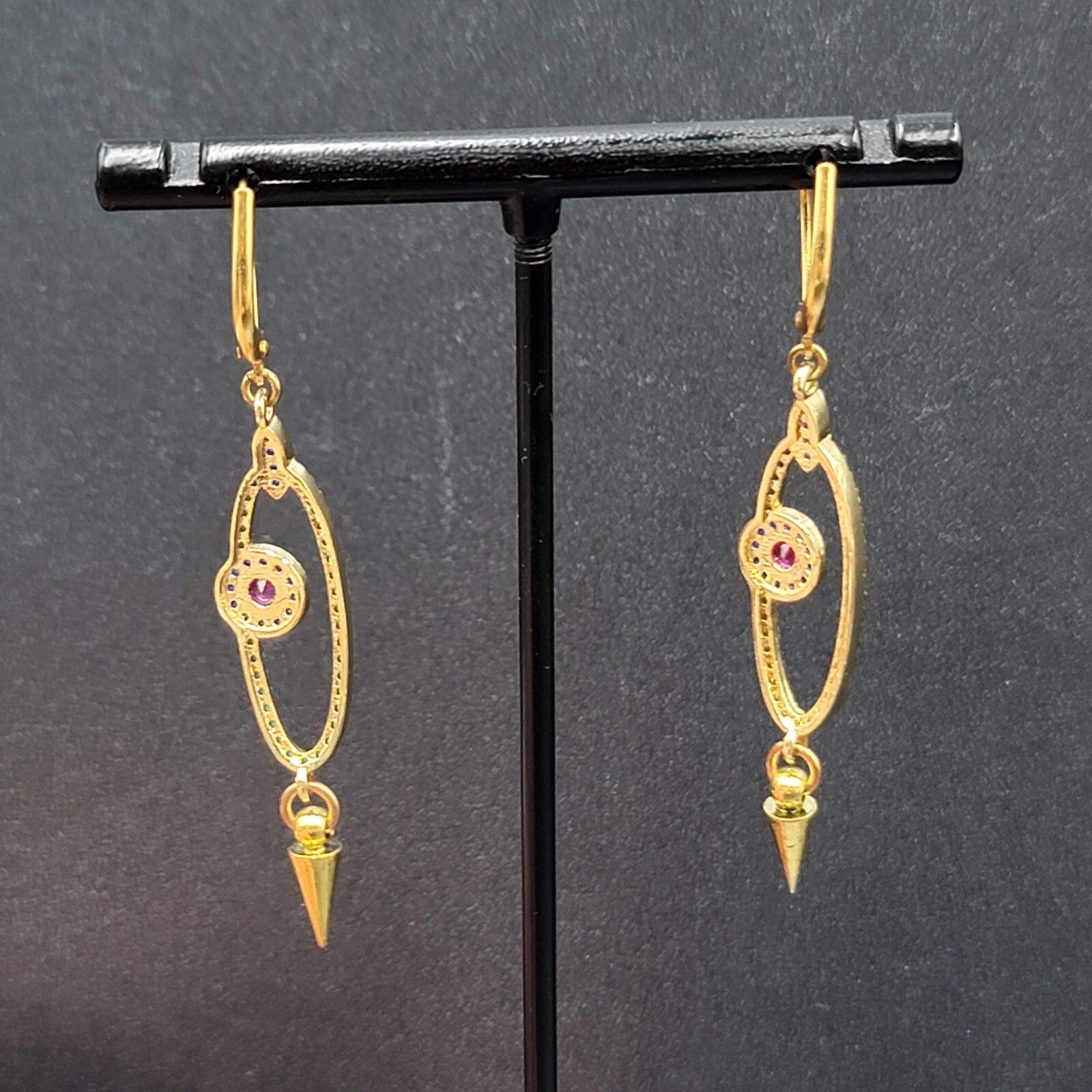 Pierced Earrings Gold tone Blue Pink Crystals Evil Eye Dangle 1 5/8"