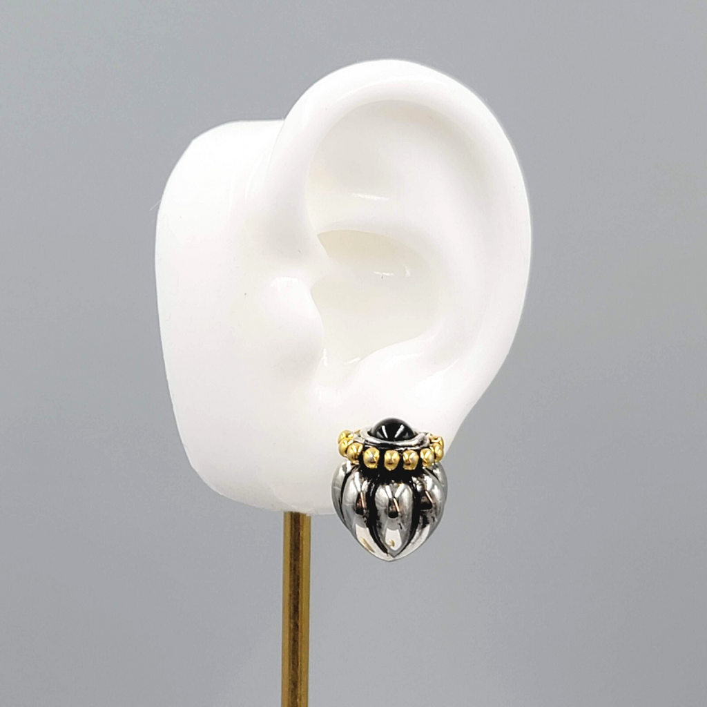 Pierced Earrings Heavy Silver and Gold Plated Black Cabochon Statement 3/4"