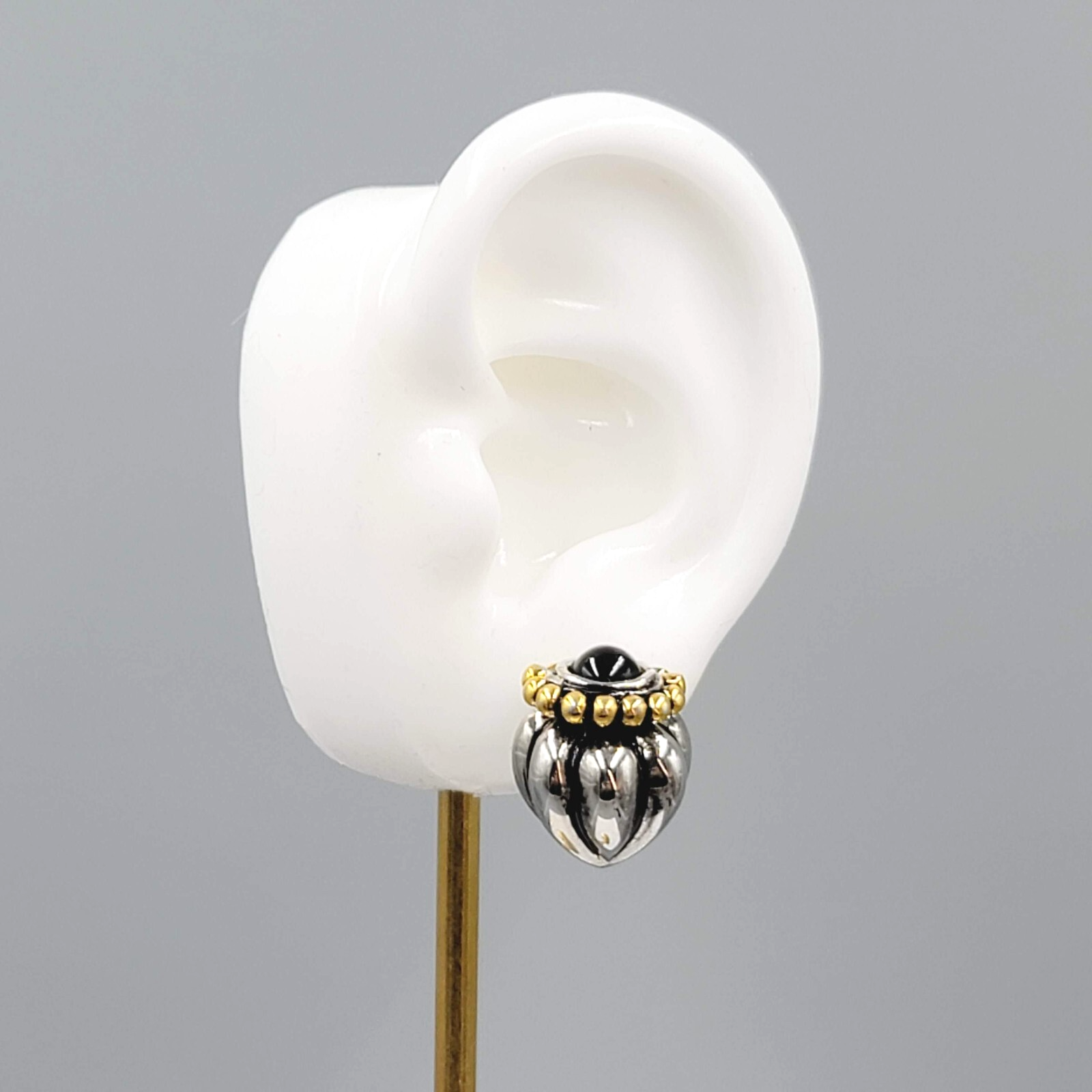 Pierced Earrings Heavy Silver and Gold Plated Black Cabochon Statement 3/4"