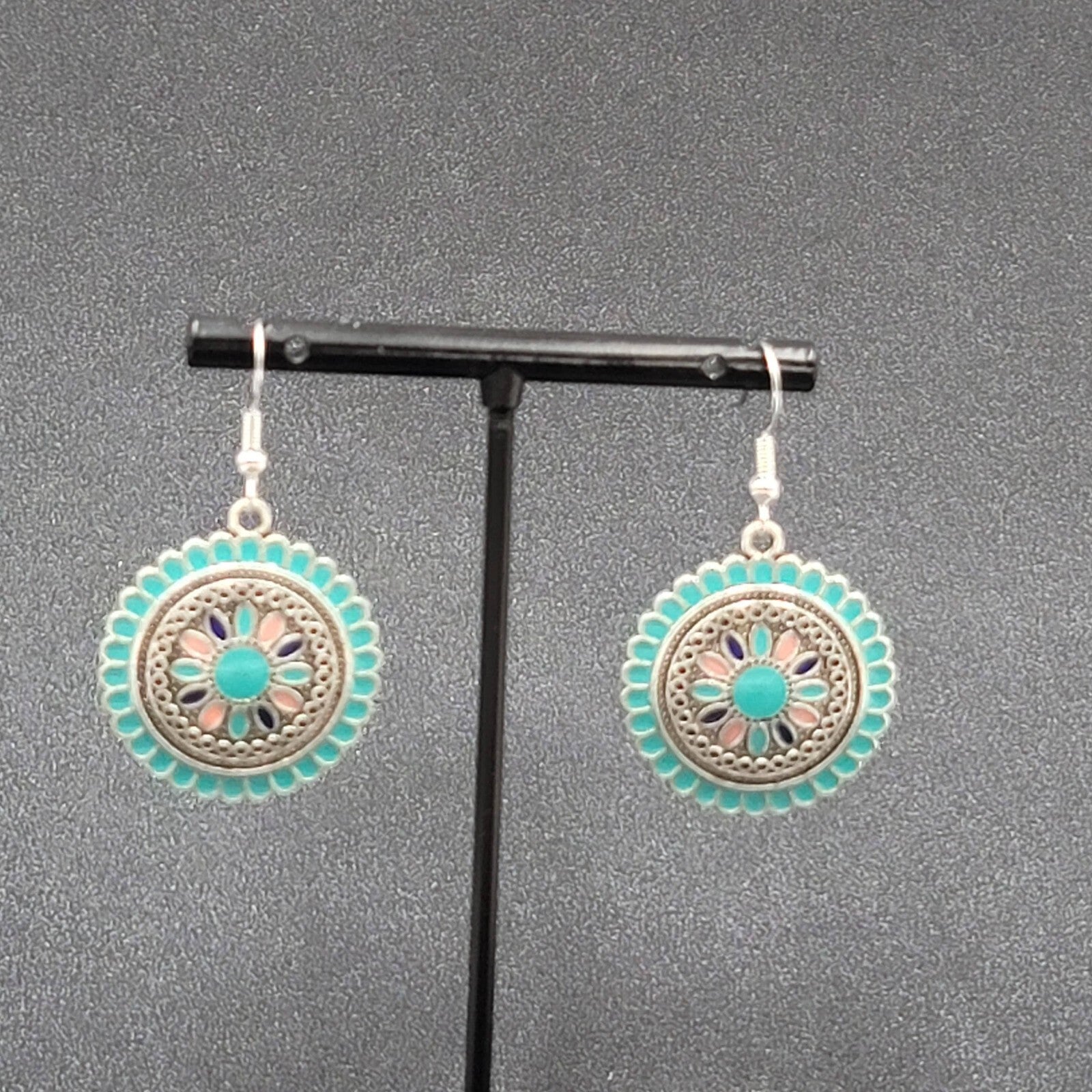 Pierced Earrings Silver tone Enamel Medallion Round Dangle Multicolor 1"