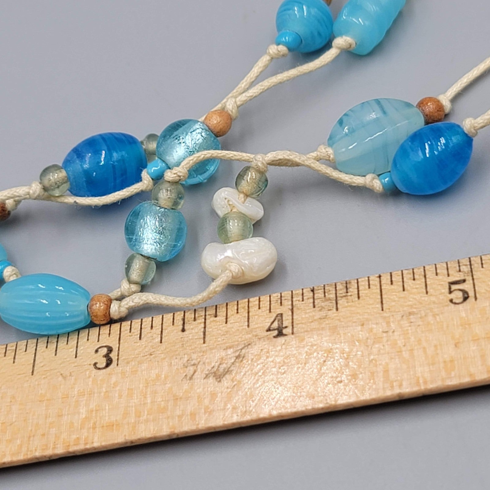 Vintage Blue Glass Bead Necklace Beach Theme Nautical Seashell Accents Long 44"