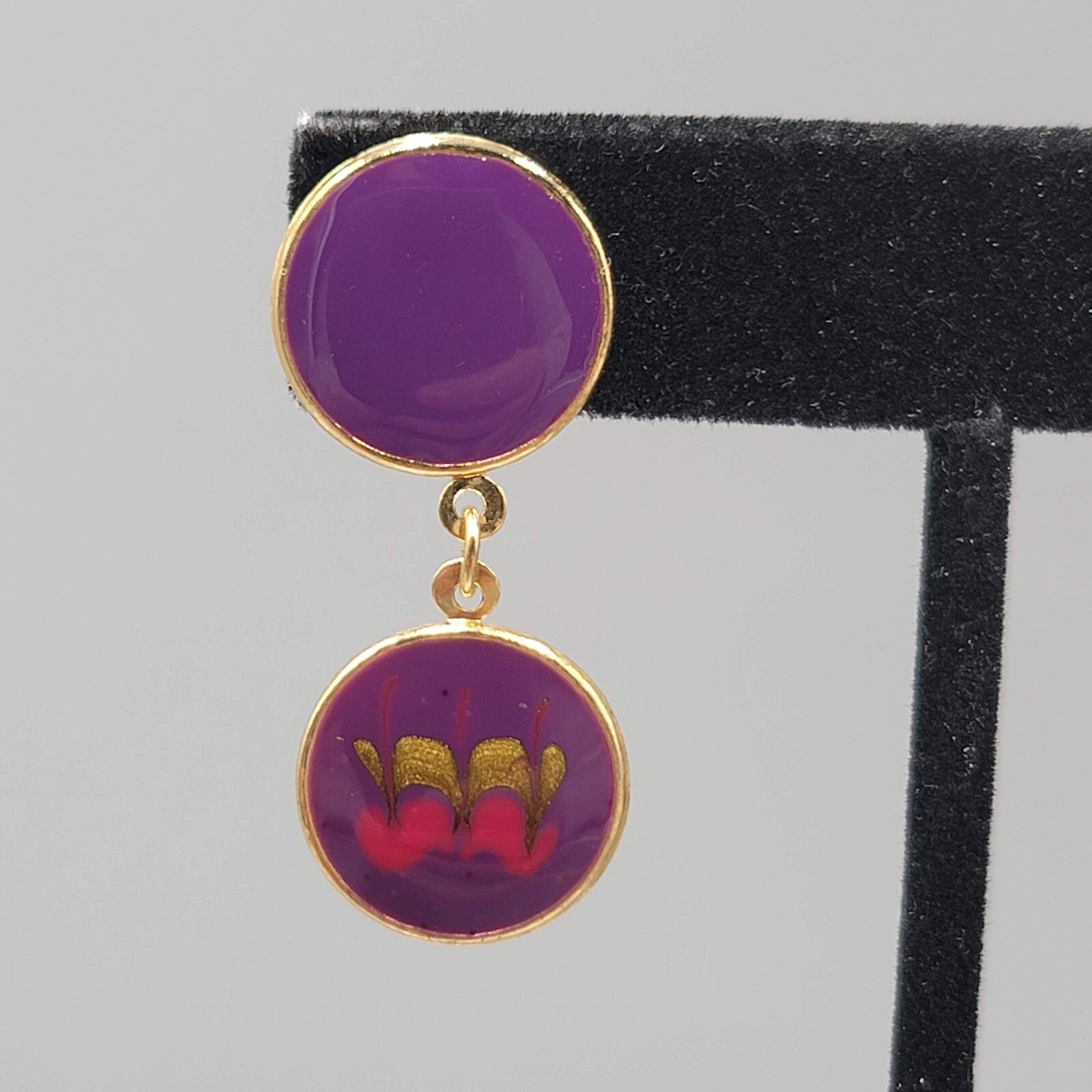 Vintage Pierced Earrings Purple Enamel Dangle Gold tone 1.5"