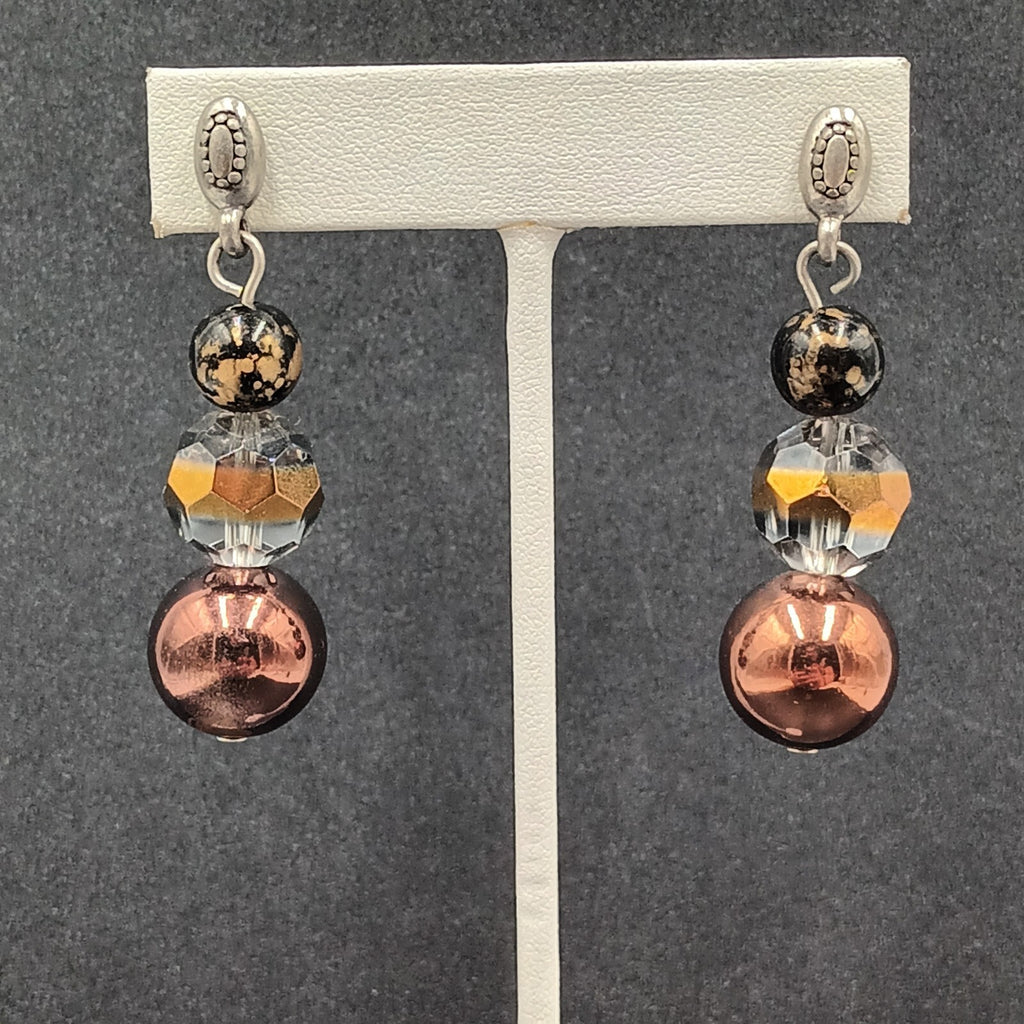 Pierced Earrings Silver tone Acrylic and Glass Bead Dangle 2.25"