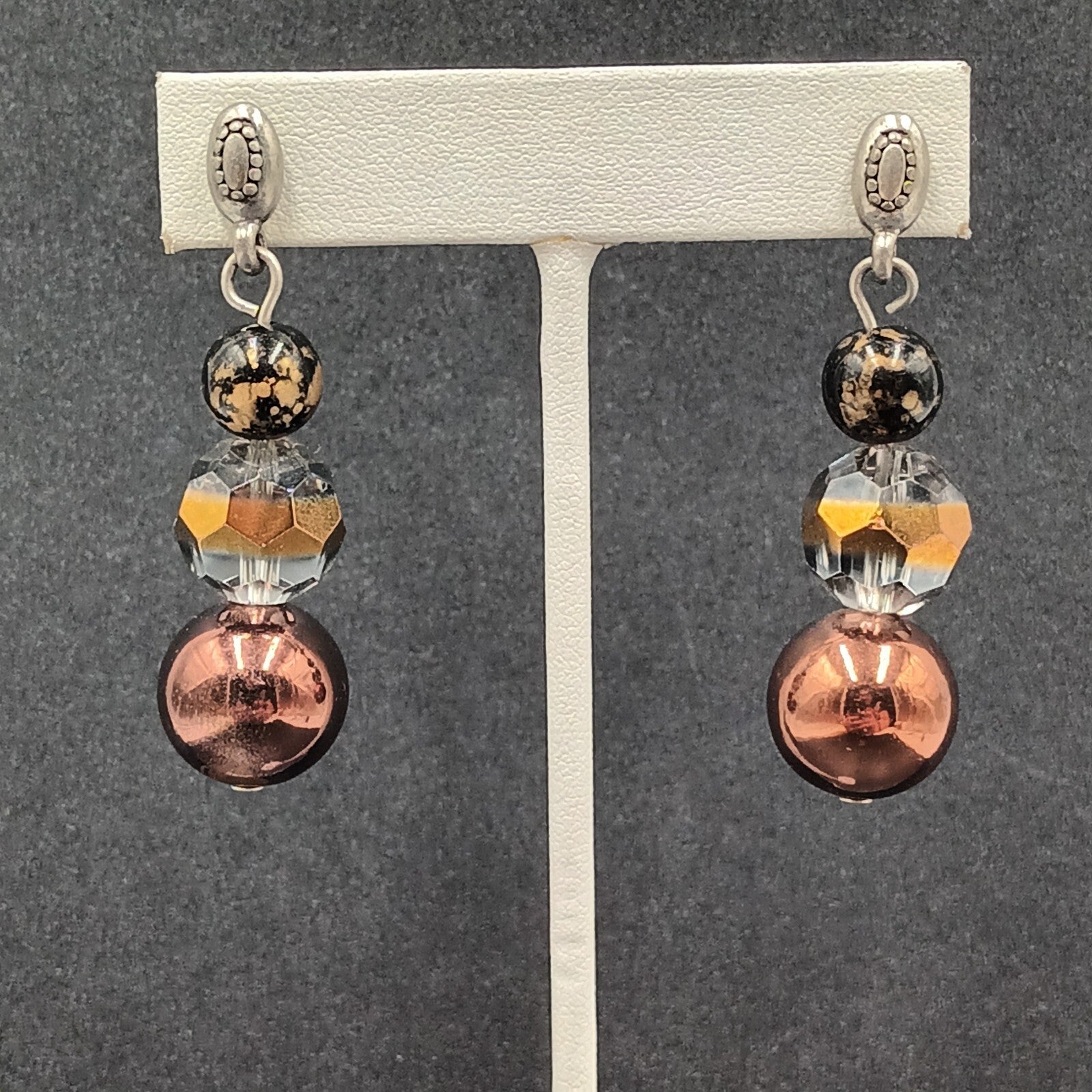 Pierced Earrings Silver tone Acrylic and Glass Bead Dangle 2.25"