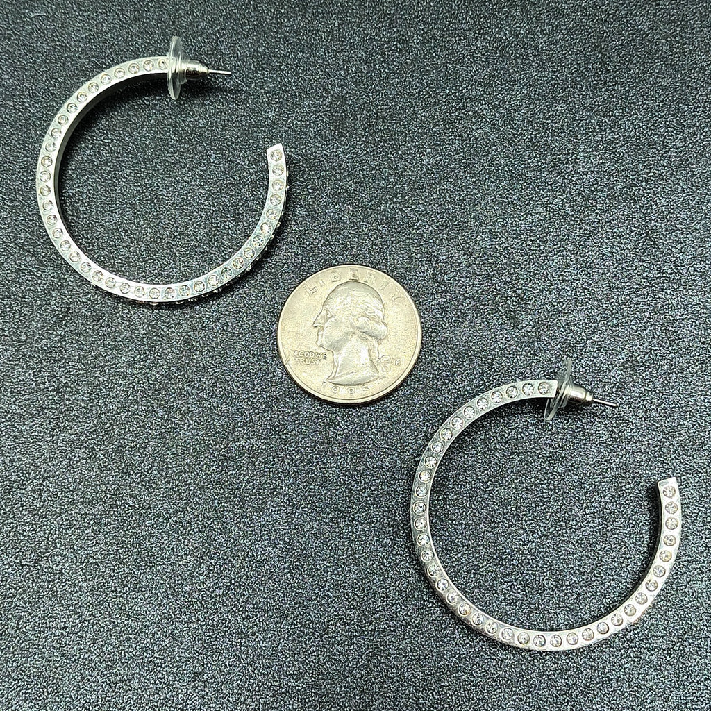Pierced Earrings Silver tone Rhinestone Studded Statement Hoop 1 5/8"