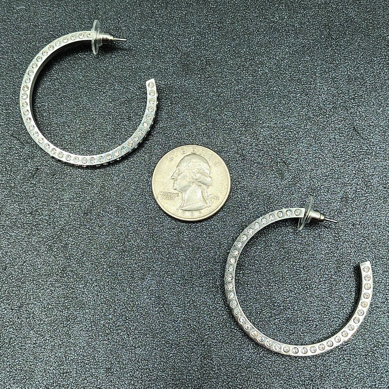 Pierced Earrings Silver tone Rhinestone Studded Statement Hoop 1 5/8"