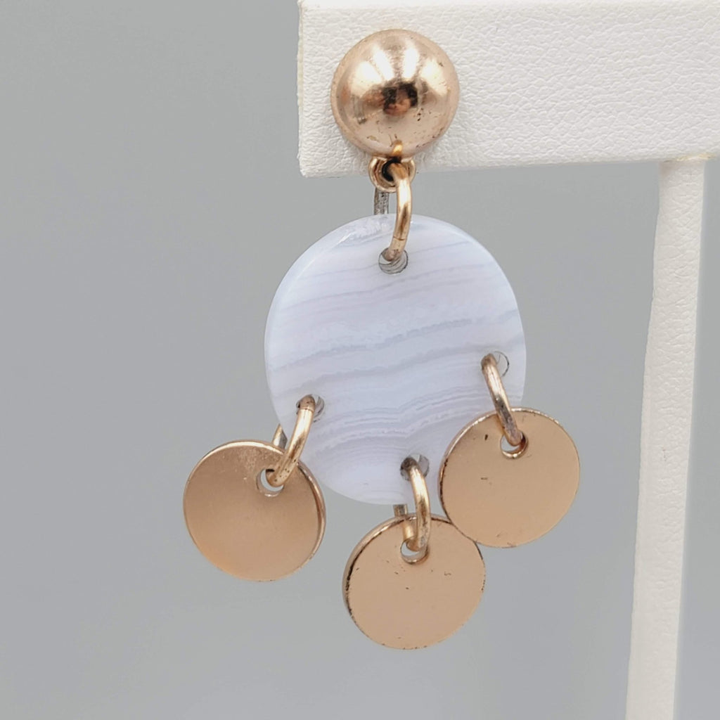 Modern Dangle Earrings Gold Tone Discs Blue Lace Agate Look Boho Chic Pierced 2"