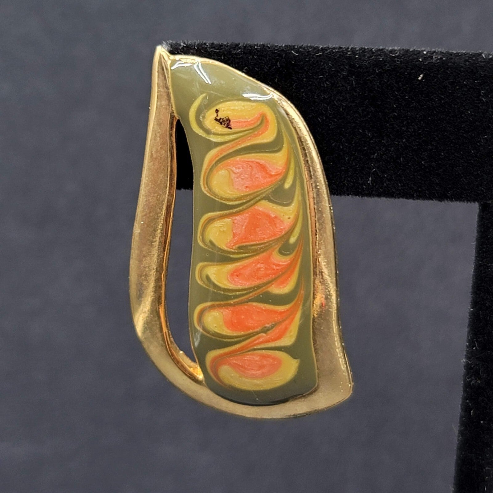 Vintage Pierced Earrings Gold tone Green Pink Enamel Swirl Statement Drop 1.5"