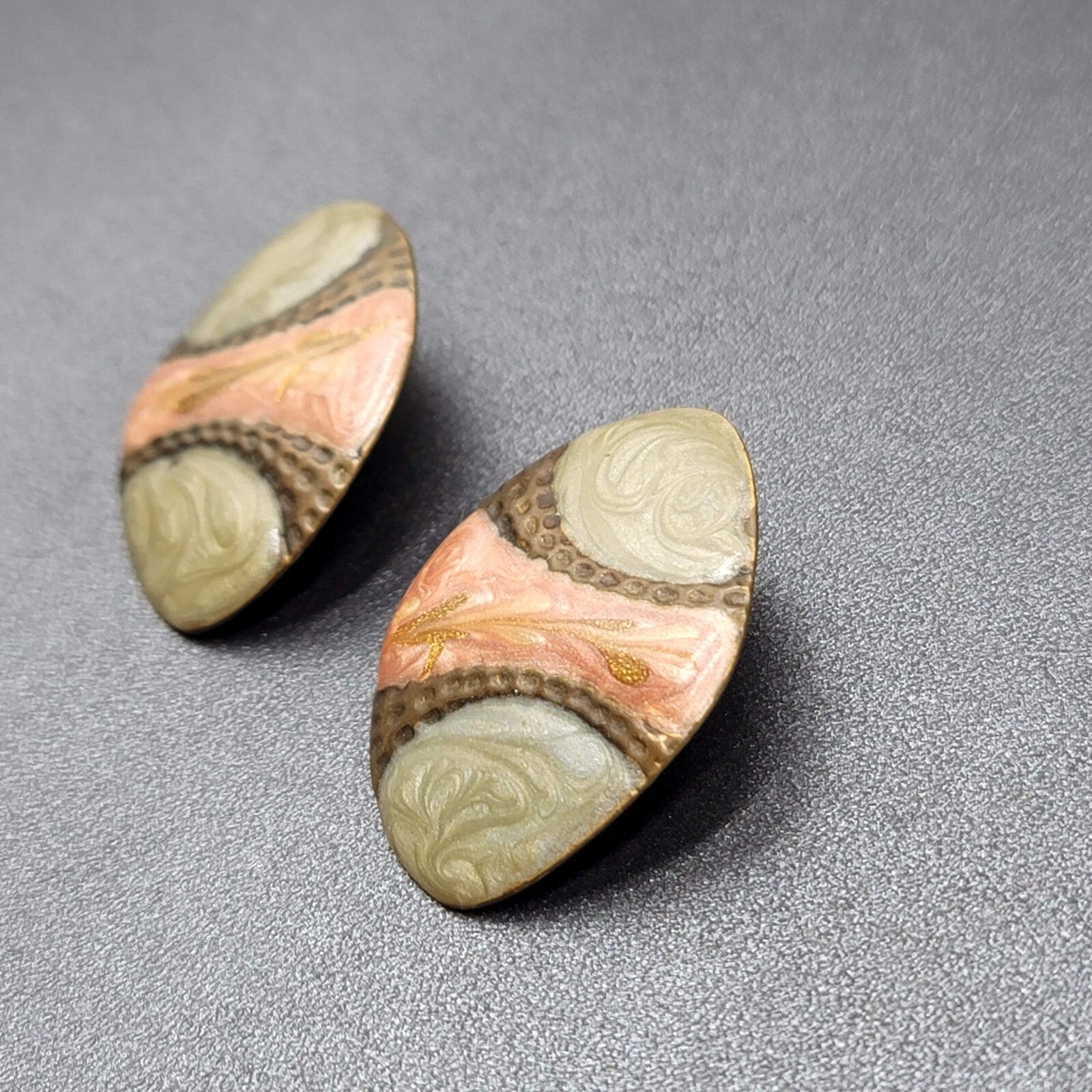 Vintage Pierced Earrings Mauve Pink Sage Green Enamel over Metal Drop 1.5"
